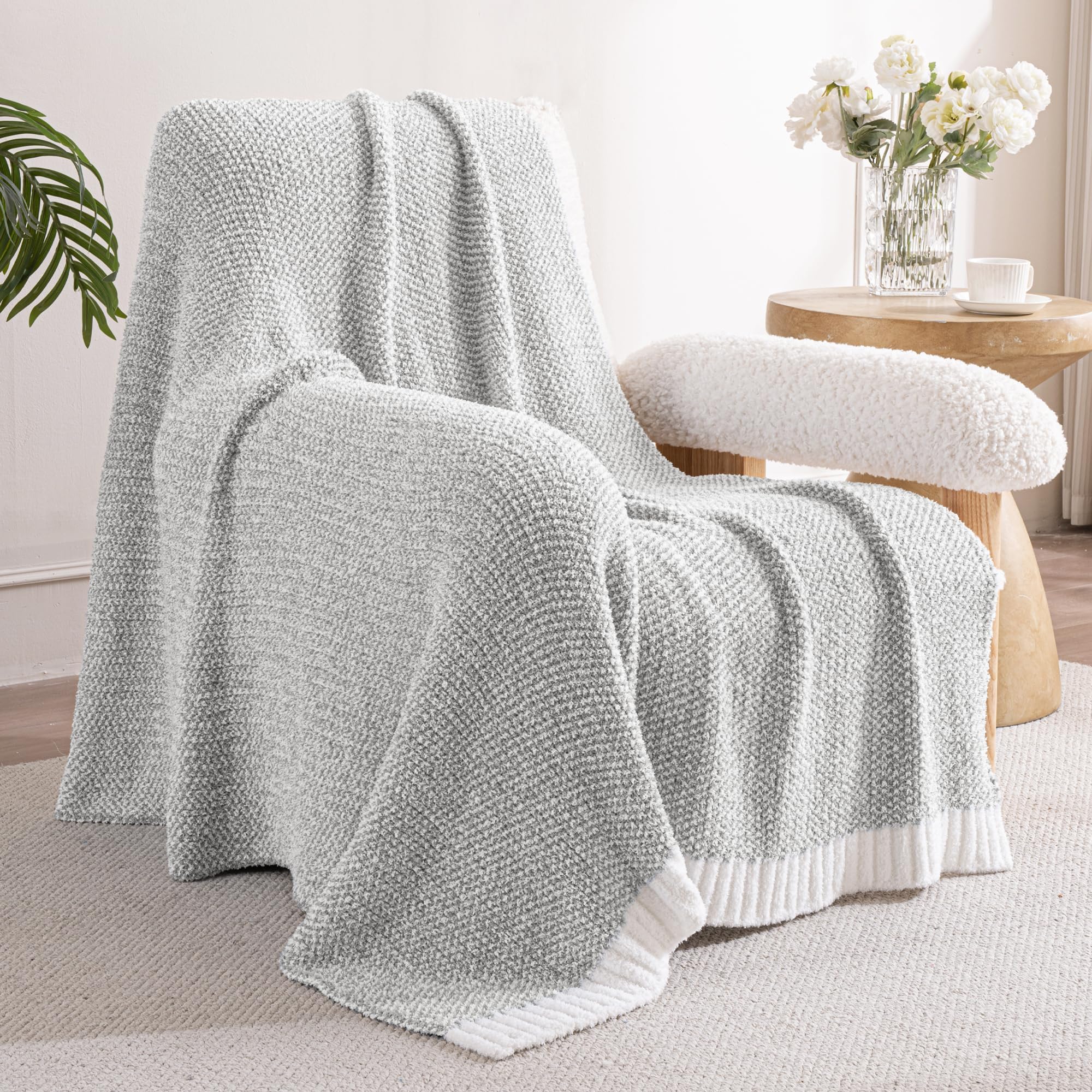 Exclusivo Mezcla Karierte Decke, Weiche Gestrickte Kuscheldecke, Kuschelige Karo Fleecedecke, Leichte Flauschige Decke für Sofa und Bett, 130x150 cm, Meliertes Grau