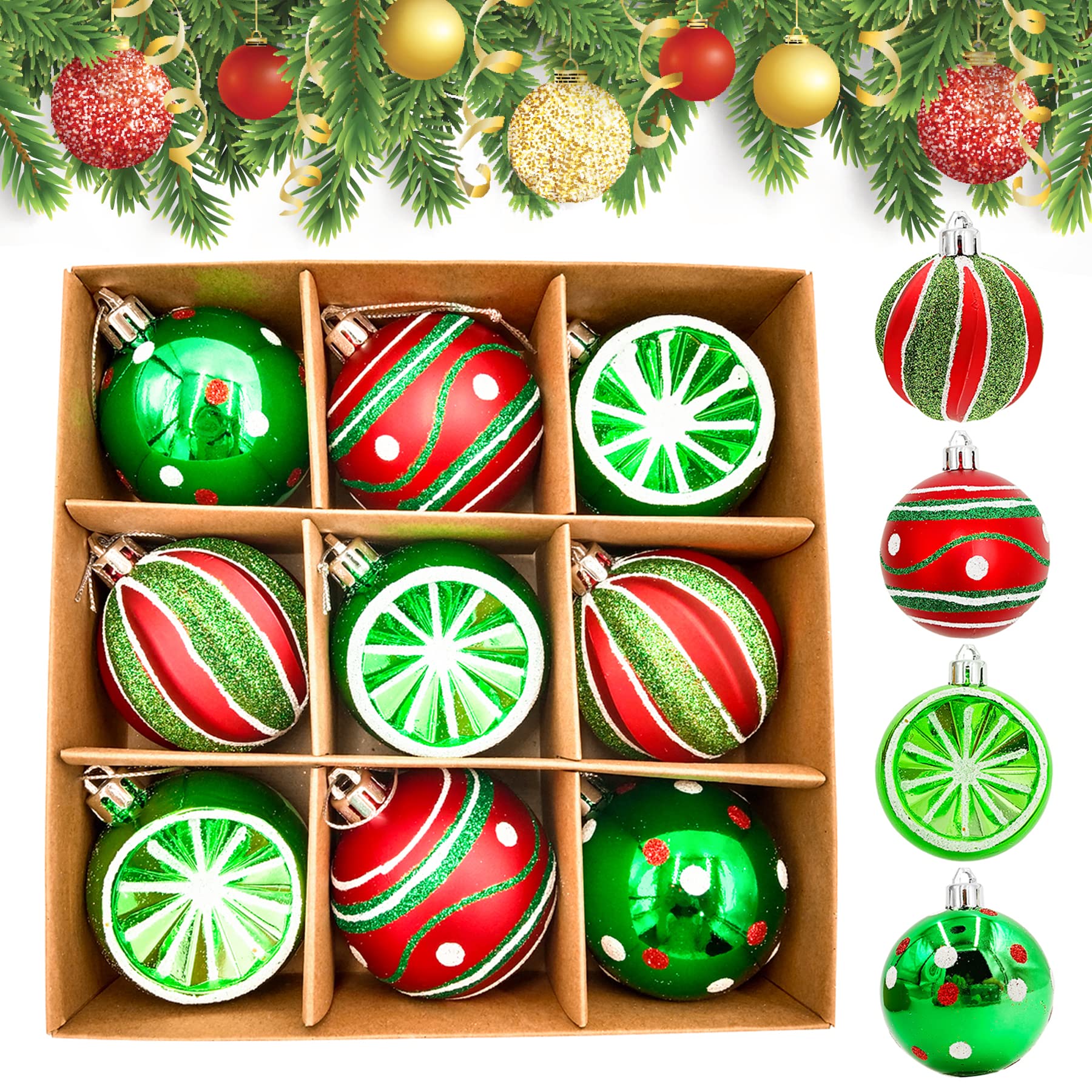 Sunshine smile 9 Stück Weihnachtskugeln,Christbaumkugeln Set,Weihnachtskugeln Kunststoff,Weihnachtskugeln Rot，Weihnachtsbaumschmuck Set,bruchsicher Weihnachtsbaumkugeln,Weihnachtsdekorationen