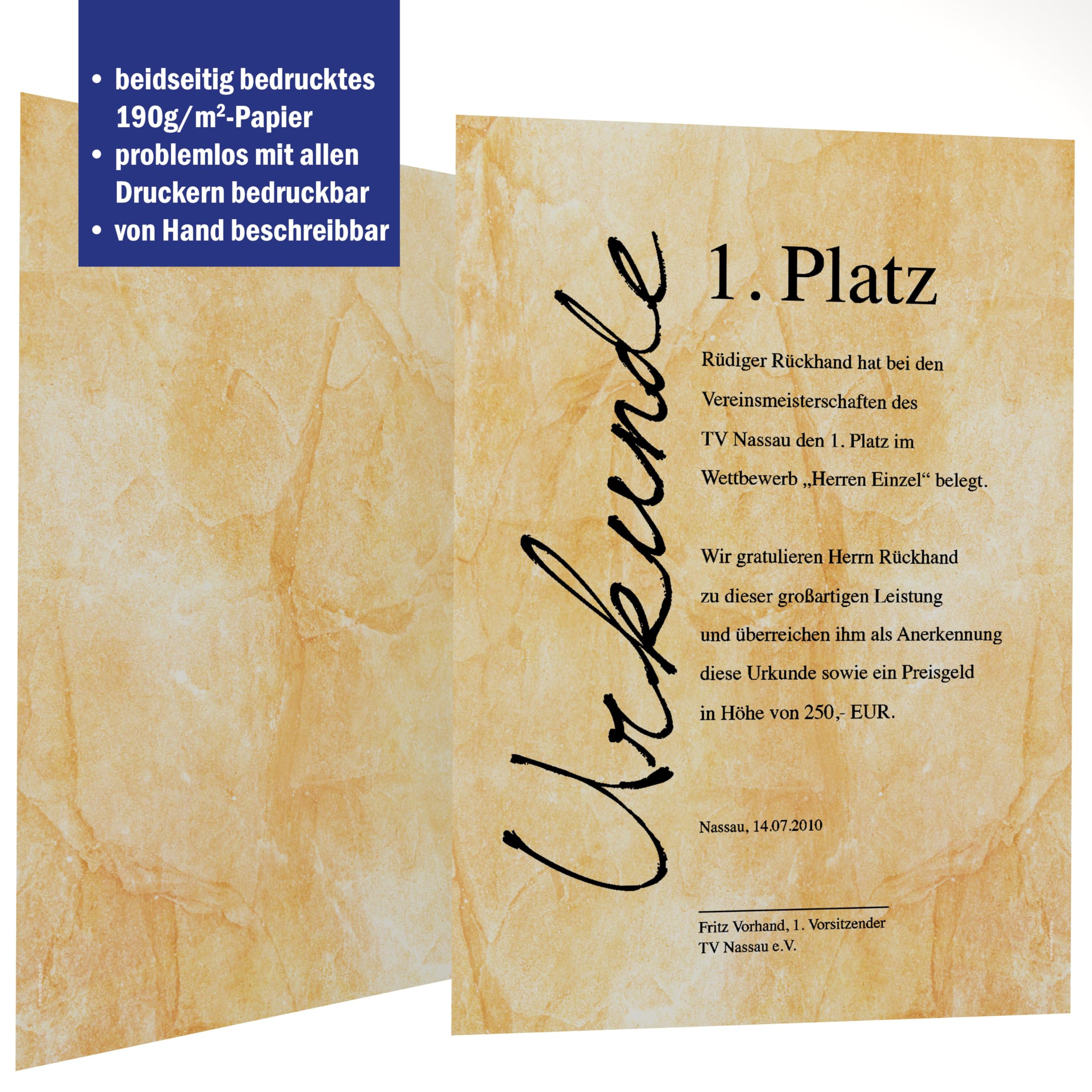 Urkundenpapier DIN A4 190g 100 Blatt „Carrara Classic“ Marmor Design beige – beidseitig bedruckt – inkl. Textvorlagen zum Download