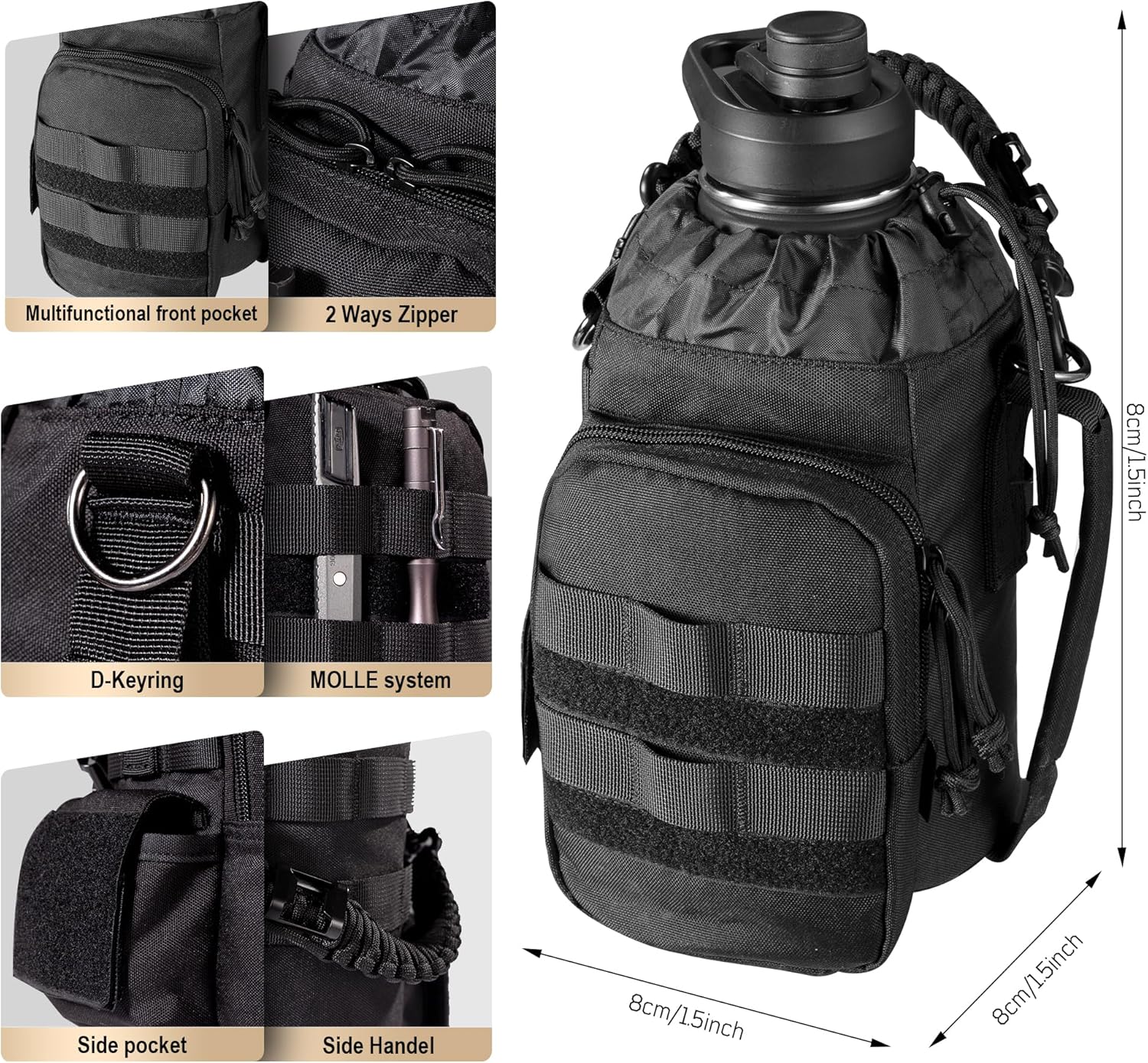 ONETIGRIS Tactical Half Gallon Water Bottle with Straw - 64 oz Vacuum Insulated Stainless Steel Water Jug, Leakproof Sport Bottle with 3 BPA Free Lids, Paracord Handle & MOLLE Water Pouch for Outdoor - Image 6