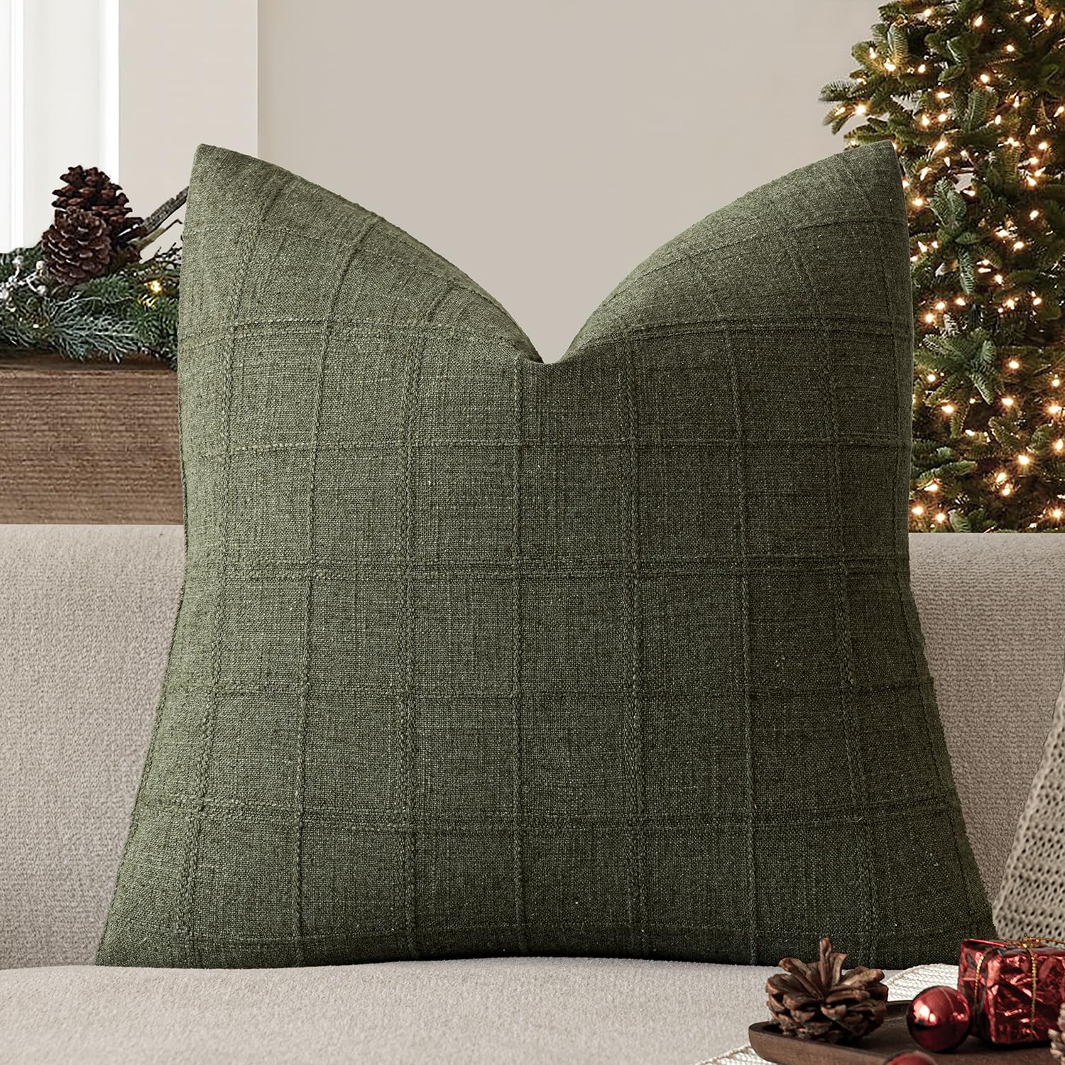 Foindtower Set of 1 Decorative Linen Check Throw Pillow Cover Neutral Farmhouse Vintage Cushion Cover Modern Boho Home Decor for Sofa Chair Couch Bedroom Living Room,18×18 Inch,Olive Green