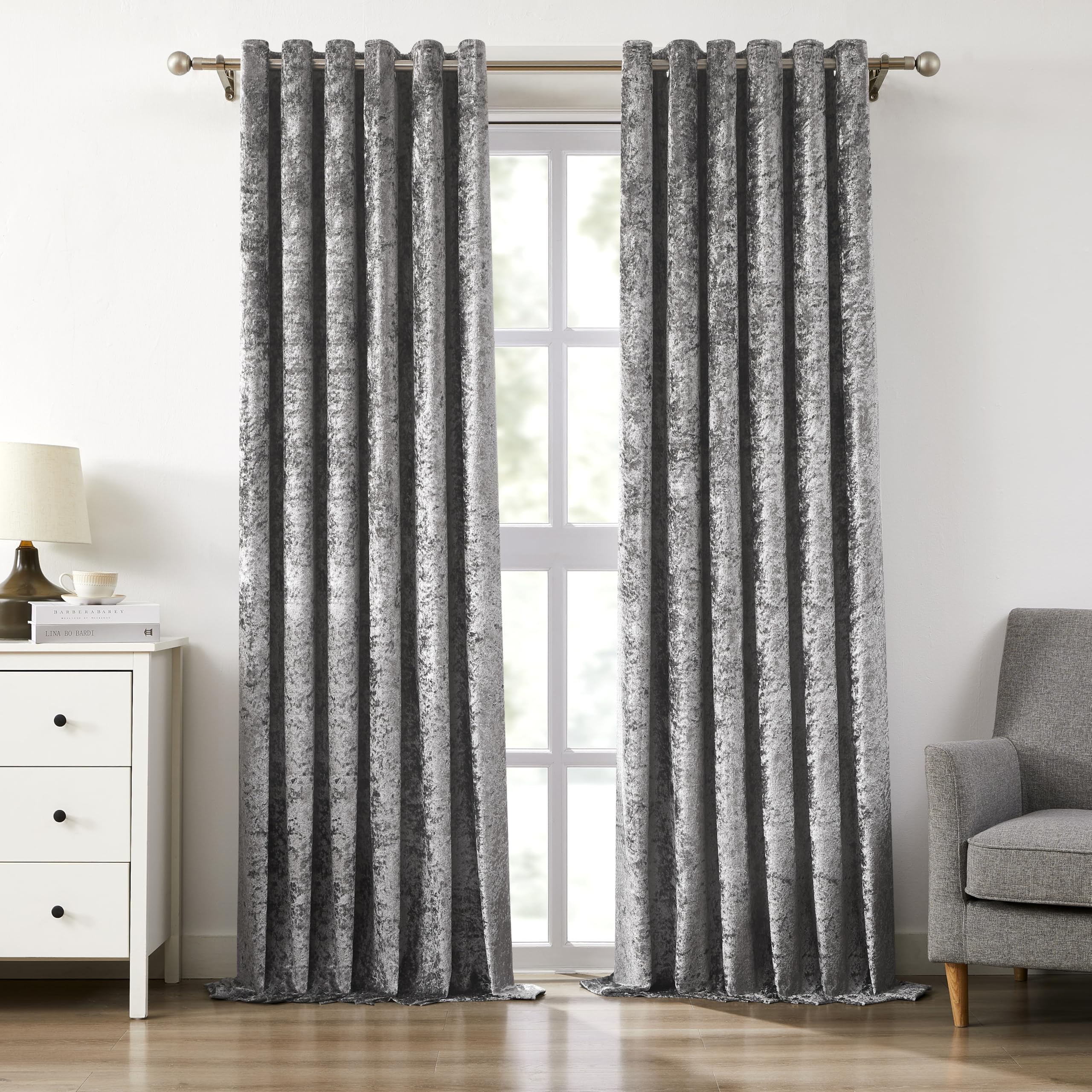 Bujasso Charcoal Full Blackout Curtains 90 inch Eyelet Crushed Velvet with Blackout Lining Drapes for Living Room Bedroom Thermal Insulated Room Darkening Curtains 2 Panels Grommet Top W90xL90