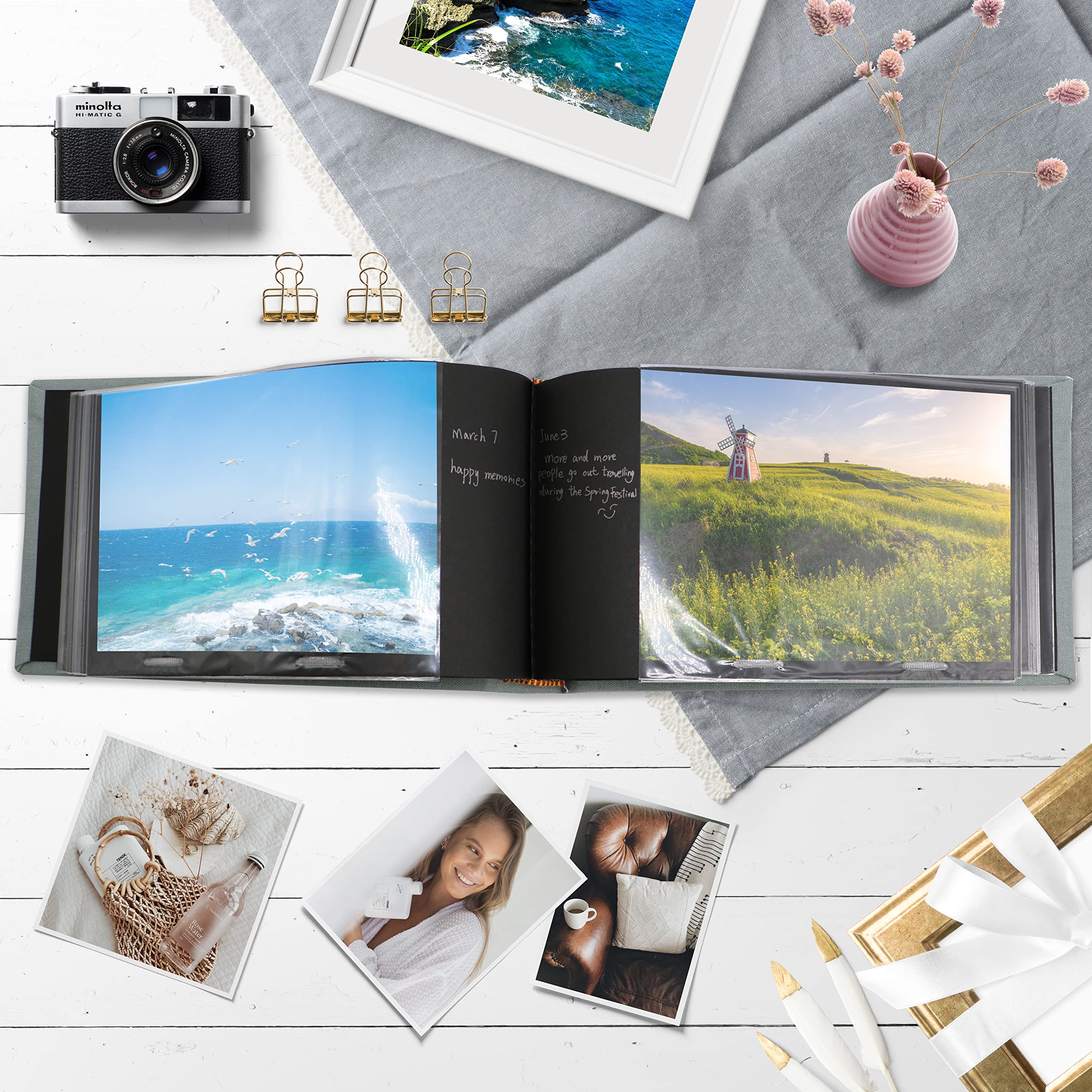 Holoary Mały album fotograficzny 4 x 15, lniana twarda okładka, pomieści 50 zdjęć, tradycyjna czarna strona, mini album dla dzieci, idealny na ślub, zdjęcia rodzinne, prezenty, rocznicę (szary)