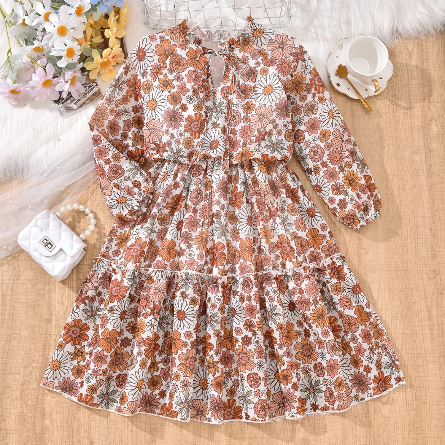 fioukiay Girls Fall Dress Long Lantern Sleeve V-Neck Floral Printed Smocked Waist Maxi Dresses Holiday - Image 7