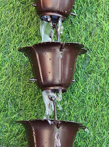 KAM Home Cadena de lluvia de flores de 8.5 pies (bronce) con adaptador de canalón de perno de latón para instalación de cadena de lluvia, estándar