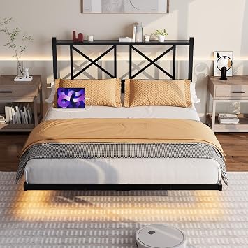 Floating Bed Frame Full with LED Lights and Headboard, Black Low Profile Platform Beds Frames with USB Charging Station, Smart Bedframe with Heavy Duty Steel Slats, No Box Spring Need Black, Full