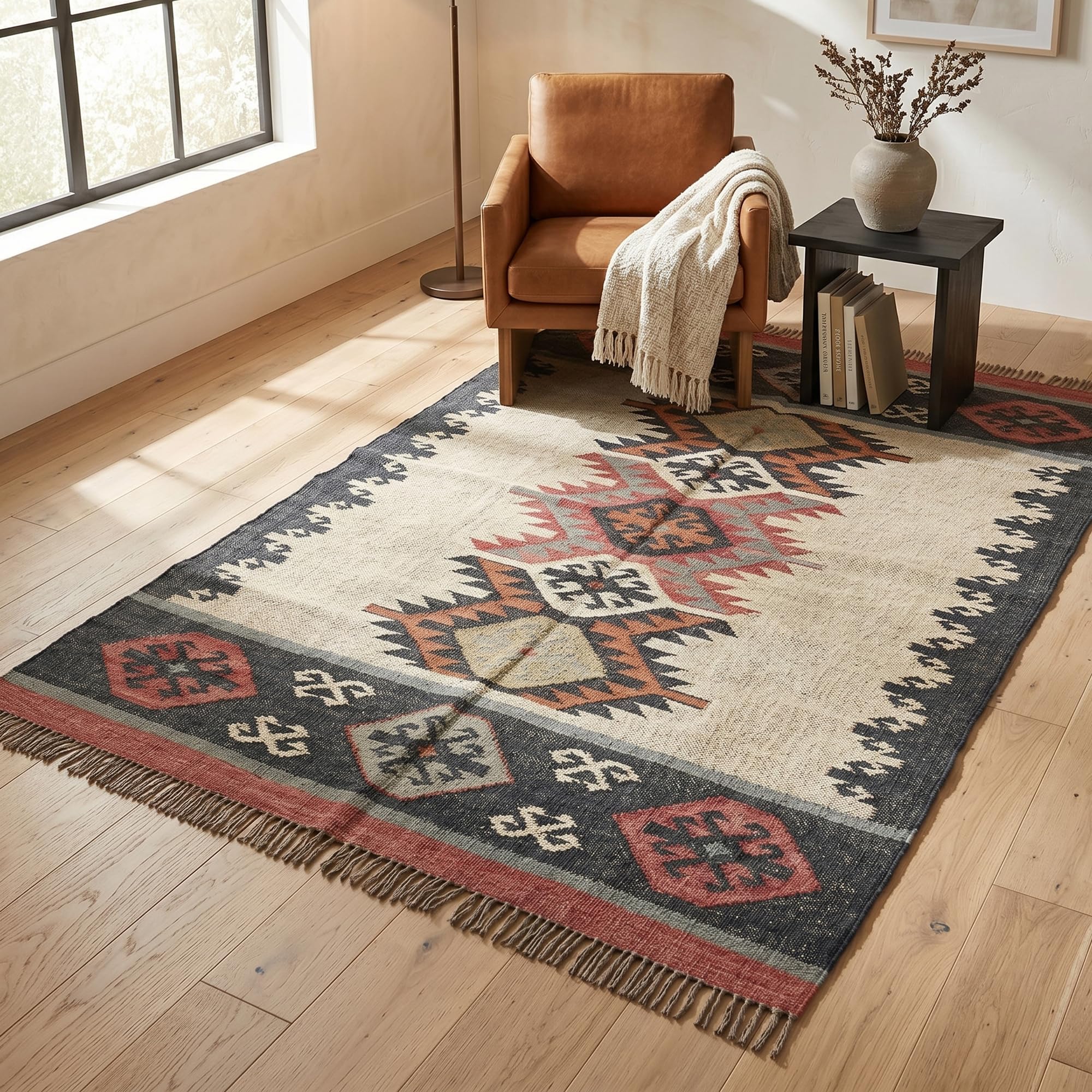 Kilim Flatweave Rug, Handmade Wool Jute Dhurrie 4x6 Feet, Reversible Carpet for Home Decor-image-15