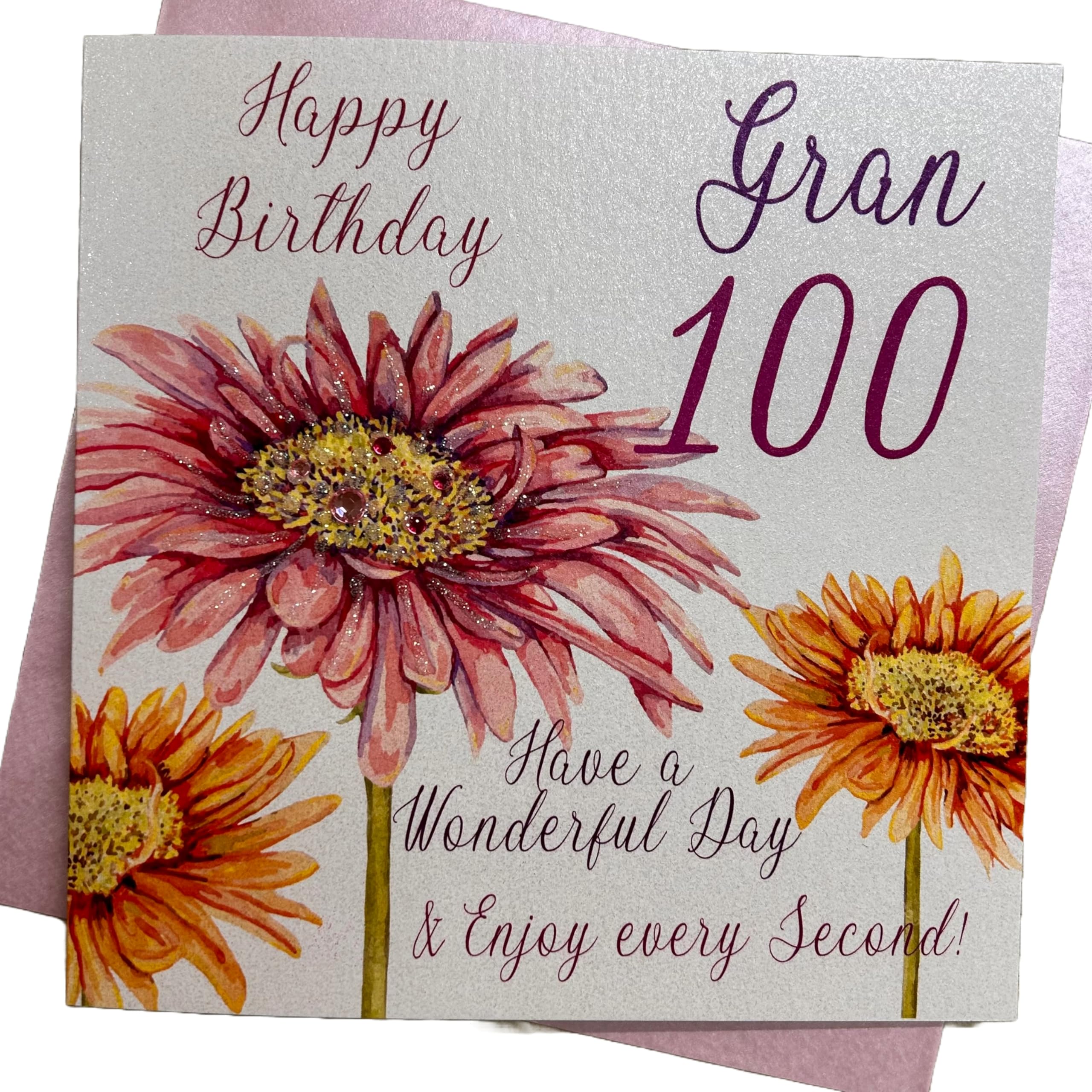 WHITE COTTON CARDS Pink Gerbera, Happy 100 Gran Have a Wonderful Day Handmade 100th Birthday Card, White, WBA100-G