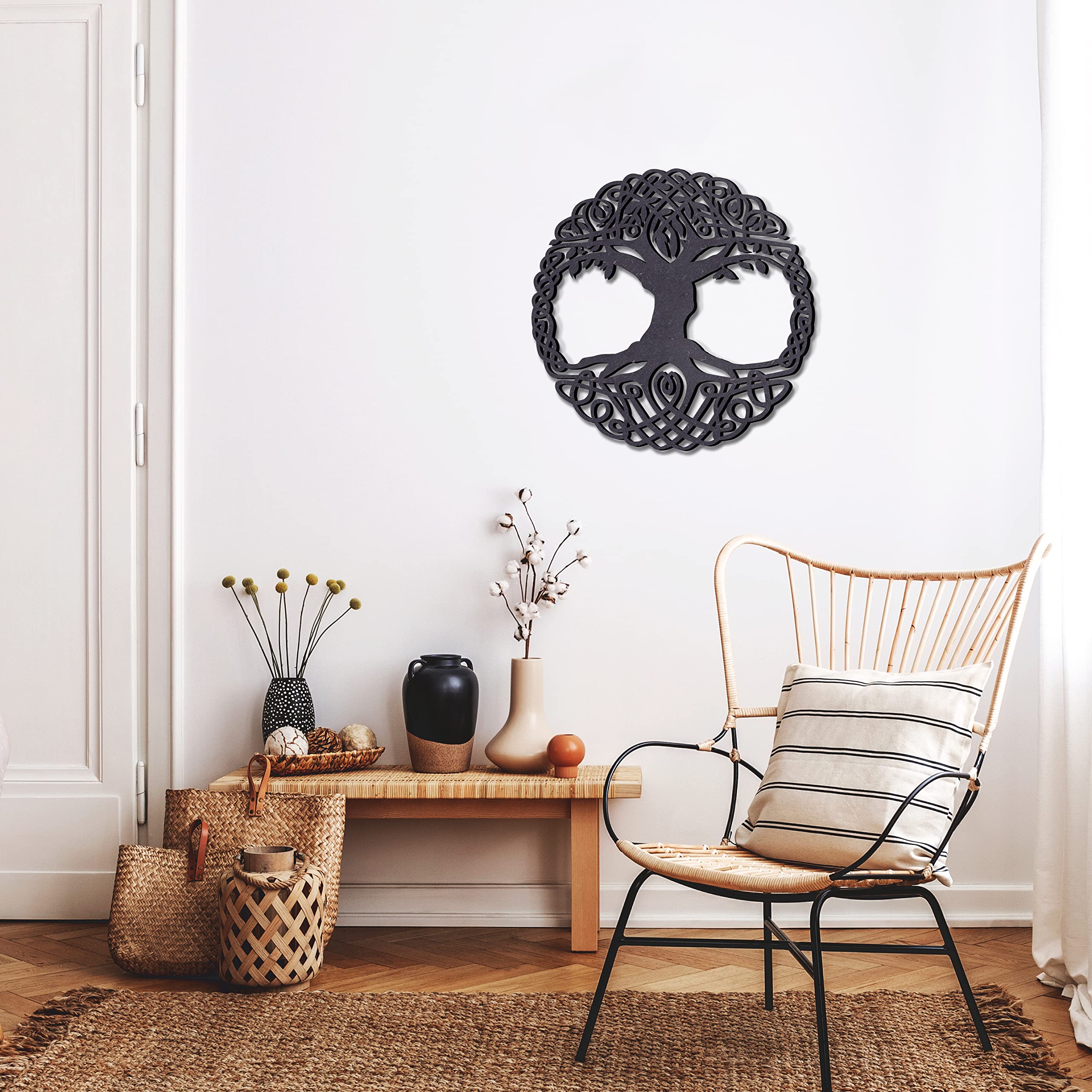KUINEA® Keltischer Baum des Lebens Ø42cm – Rundes Wandbild aus Holz [Anthrazit] für Wohnzimmer, Schlafzimmer & Büro | Schwarzes MDF-Motiv in stilvollem Design