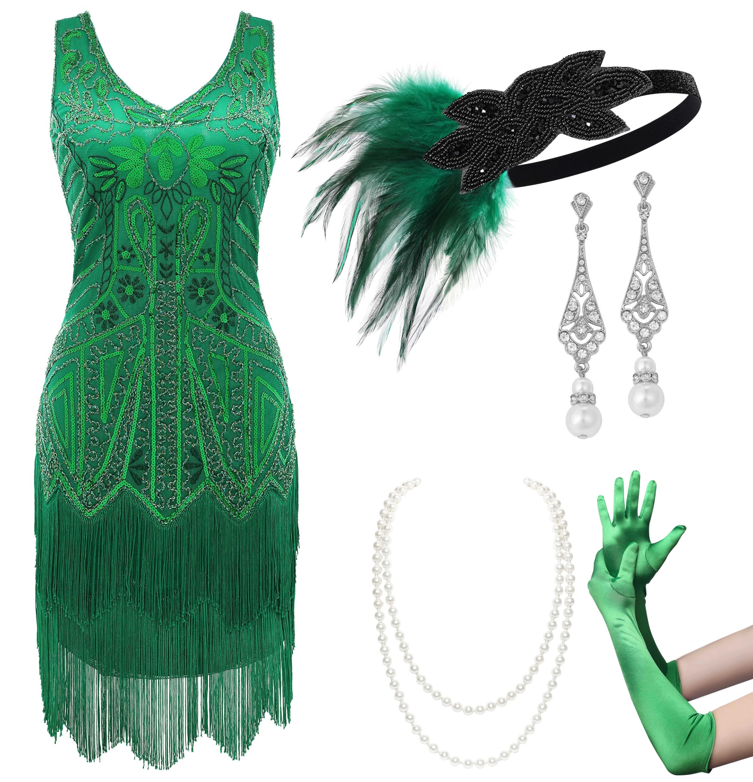 BABEYOND Women’s Flapper Dresses Set 1920s V Neck Beaded Fringed Great Gatsby Dress with Accessories Set