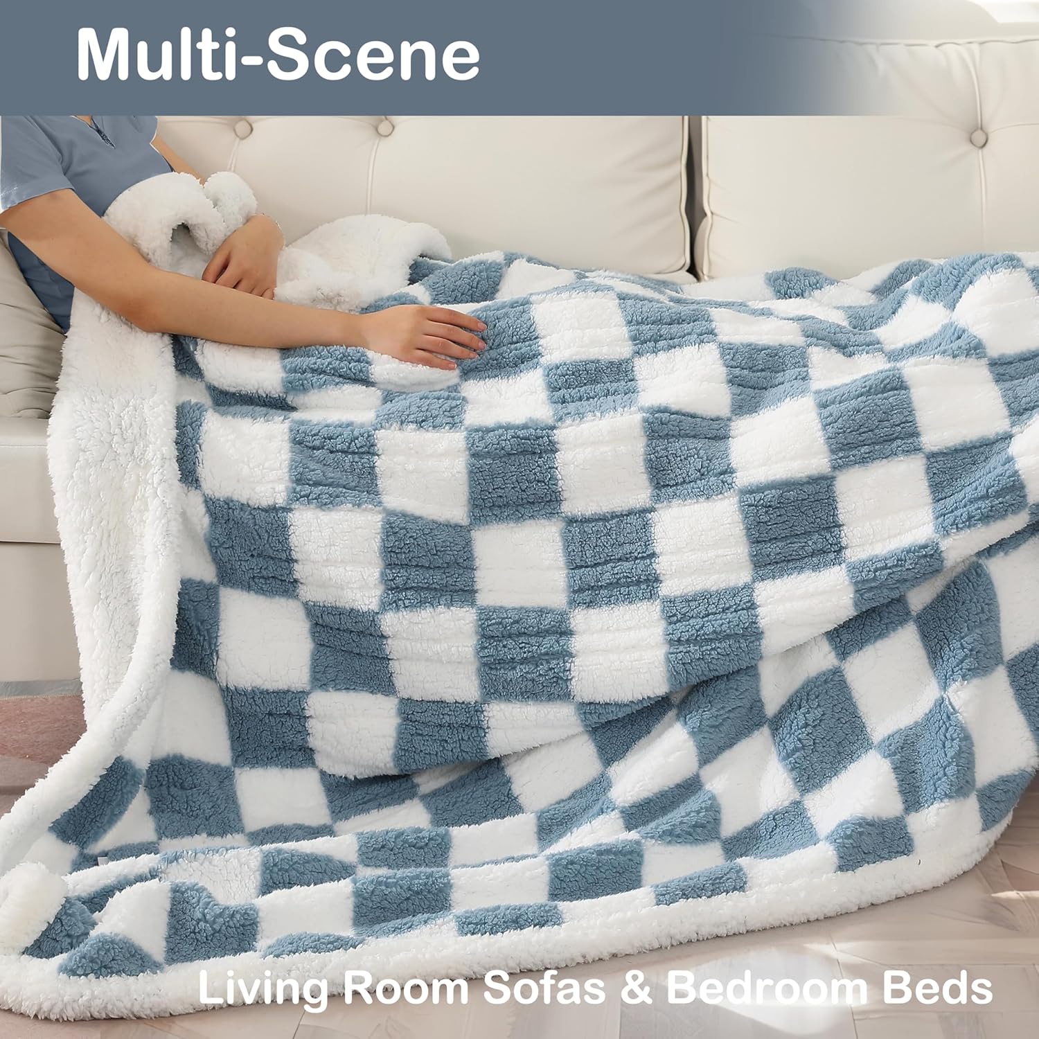 Electric Heated Blanket Full Size 72"×84" with 9 Heating Levels & 1-10Hs Auto Off, Checkered Plaid Double Sided Sherpa, Energy Efficient, Machine Washable, for Couch & Bed, Light Blue - Image 6