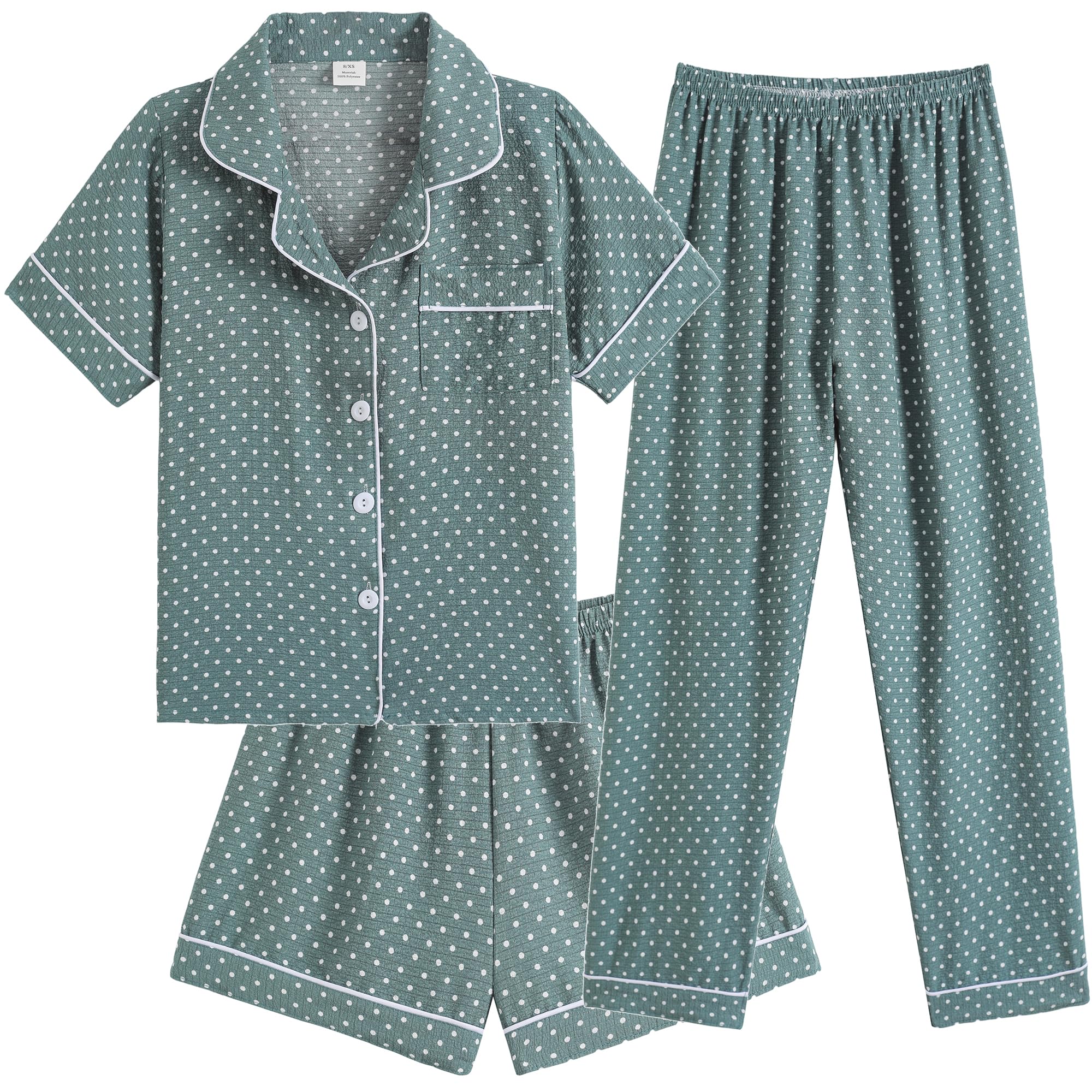 Hupohoi Big Girls Button Down Pajama Set 3pcs Crepe Fabric Sleepwear Nighty