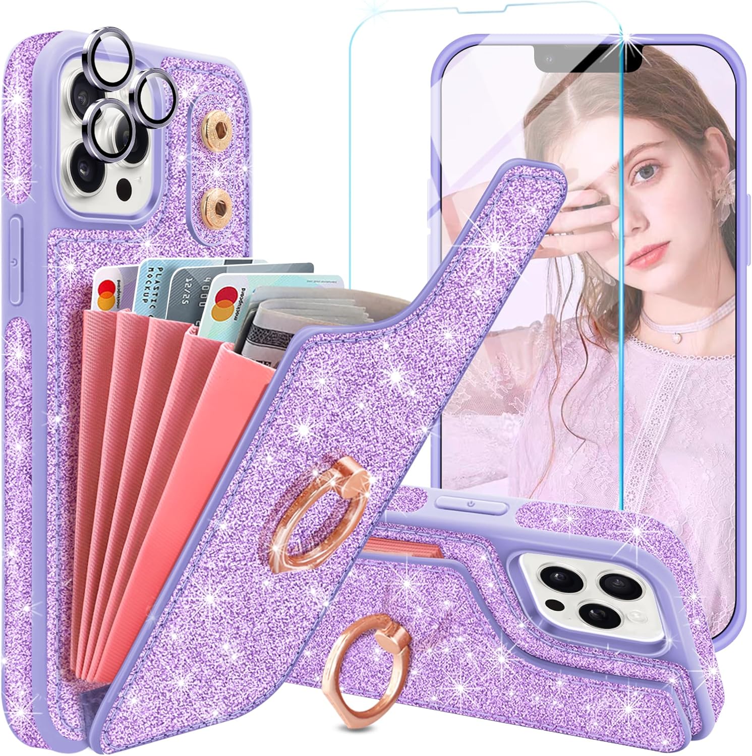 for iPhone 14 Pro Phone Case Wallet,with [Screen Protector+Camera Lens Protector] Floral Flower Pattern 5 Card Holder 360°Rotation Ring Kickstand Protective Case for iPhone 14 Pro,Sunflower