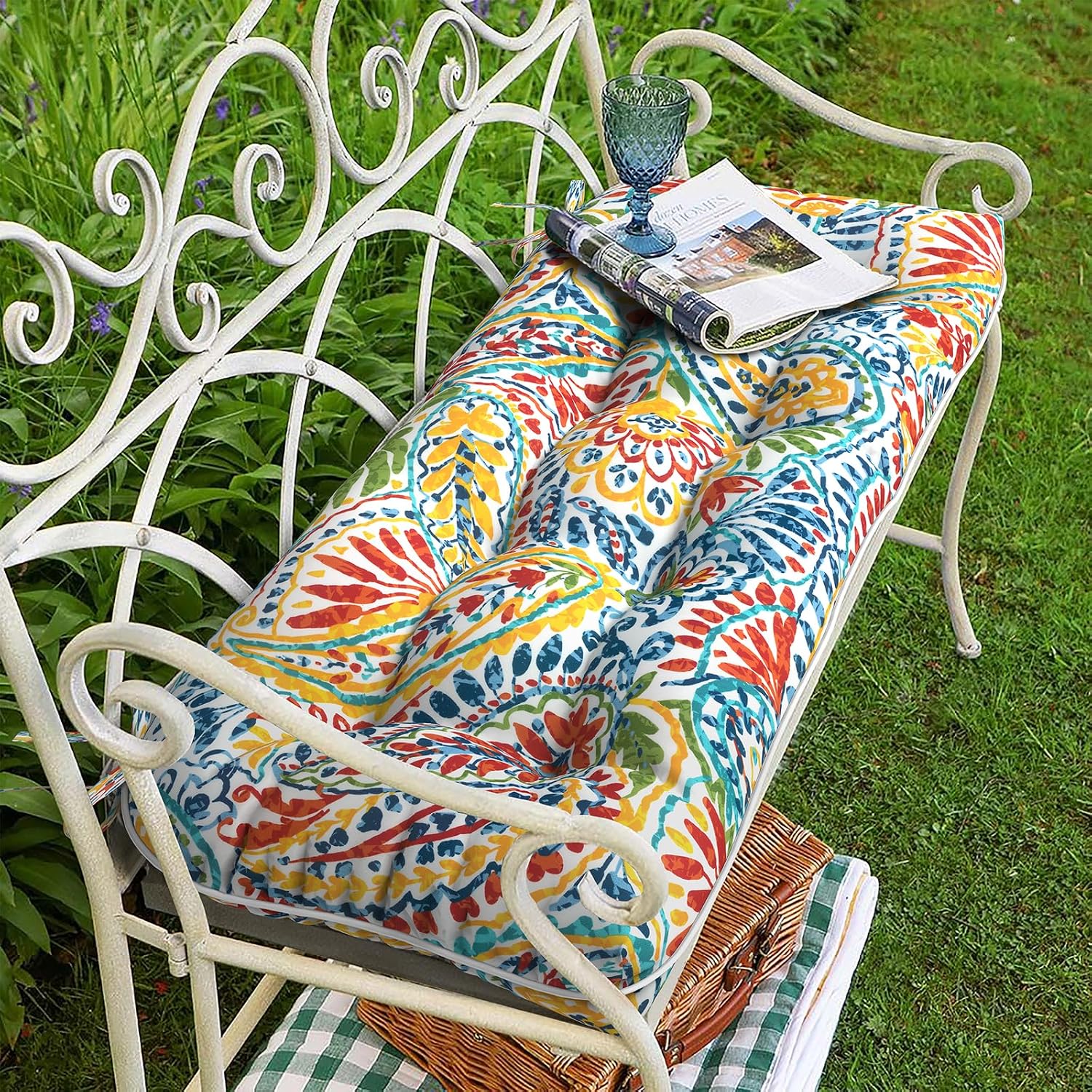 Tufted Bench Cushion for Outdoor Furniture, Patio Swing Cushion 44 x 19 x 5 Inch, Overstuffed Outdoor Chair Cushion for Garden Loveseat Lounge Storage, 1 Pack, Paisley Multi