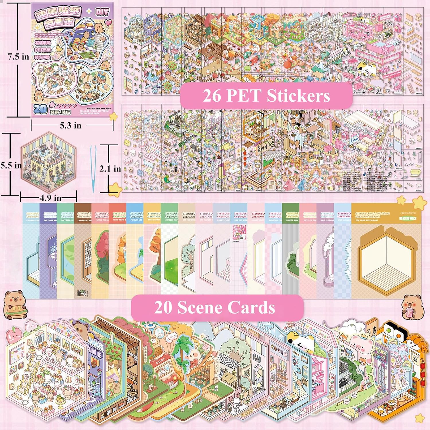 3D Sticker Scene 20 Sets Sticker Therapy Adults Relief Stress Cartoon Animal House Scene Stickers DIY for Kids