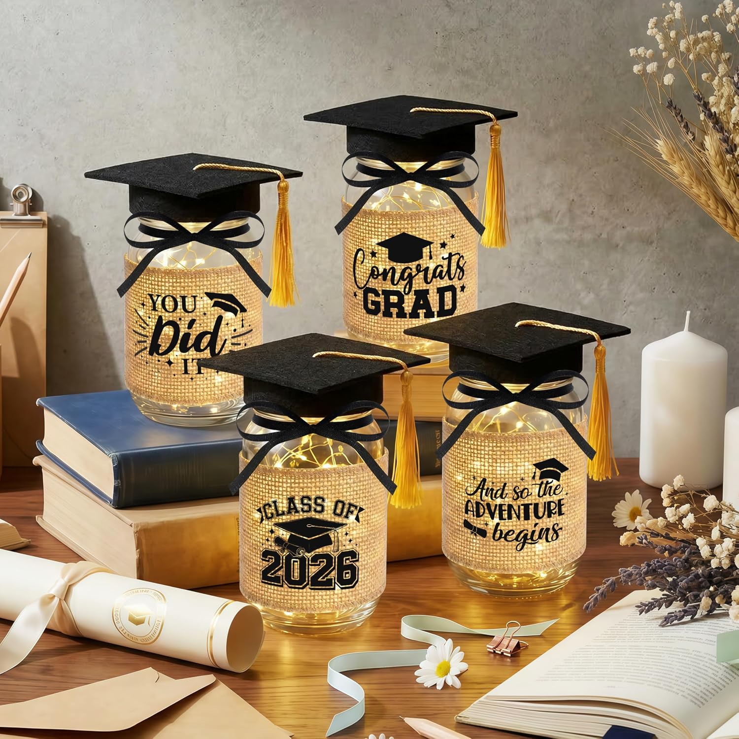 TREWAVE 4 Sets Graduation Centerpieces for Tables - Class of 2026 Graduation Decorations, Glass Mason Jars with Grad Caps & LED Lights for College High School Party Table Decor, Congrats Grad Gifts