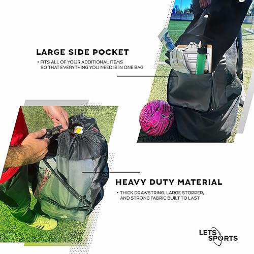 Miniatura 5 de LETS Sports Bolsa de pelota con correas para el hombro, bolsa de transporte de malla grande resistente con cordón para entrenadores, para sostener