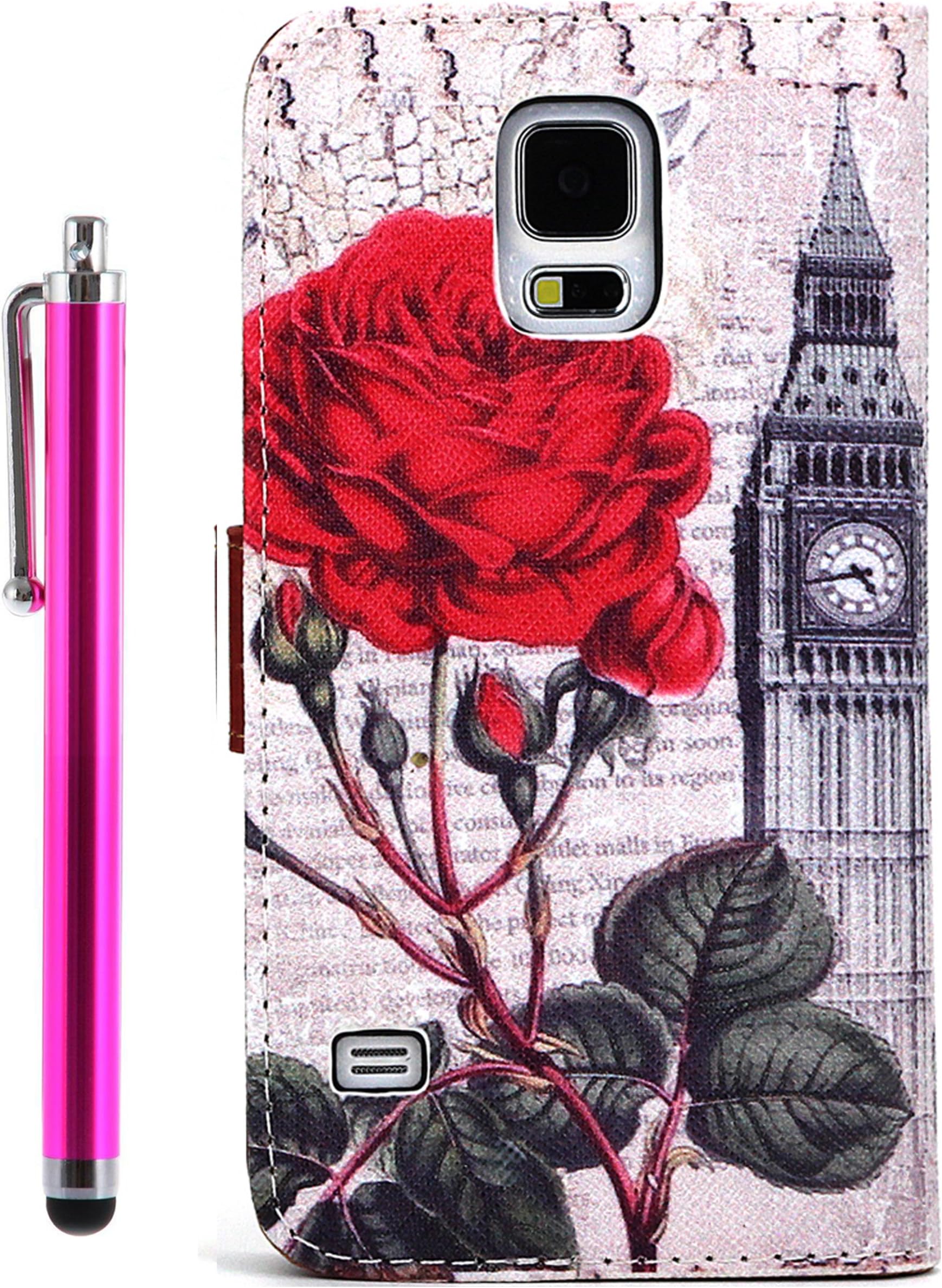 PU Leather Folio Stand Wallet Case / Cover for Samsung Galaxy S5 + Stylus Pen in Retail Packaging (Rose)