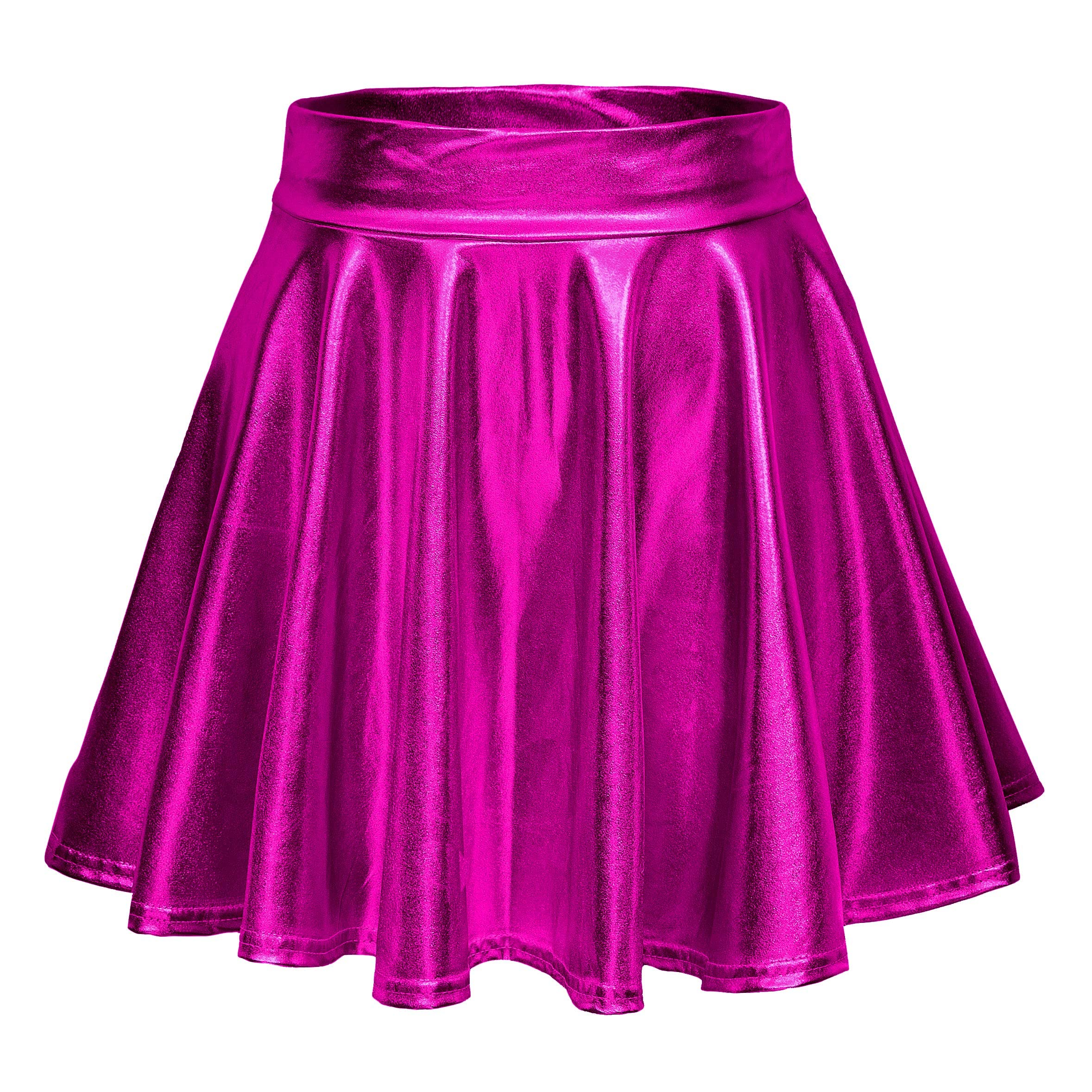 Exchic Women's Rose Shiny Metallic Wet Look Mini Skirt Elastic Waist Flared Skater Skirts(Xl, )
