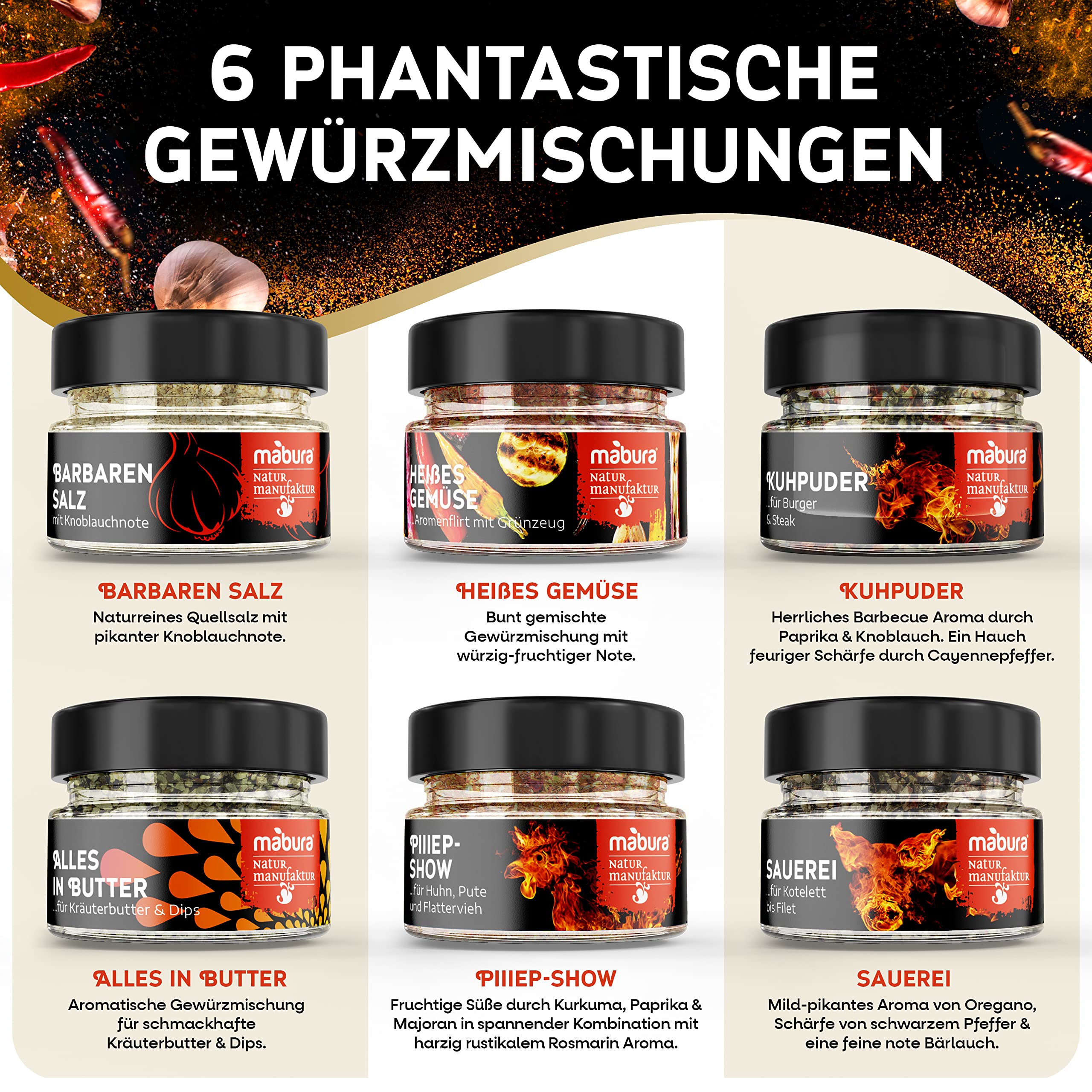Grillgewürze Geschenkset - Leckere Grill Geschenke für Männer – das etwas andere Grill Gewürze Geschenkset – Grillgewürze Geschenkset Männer - 6 BBQ Gewürze von Hand abgefüllt 100% Bio (BBQ Box)