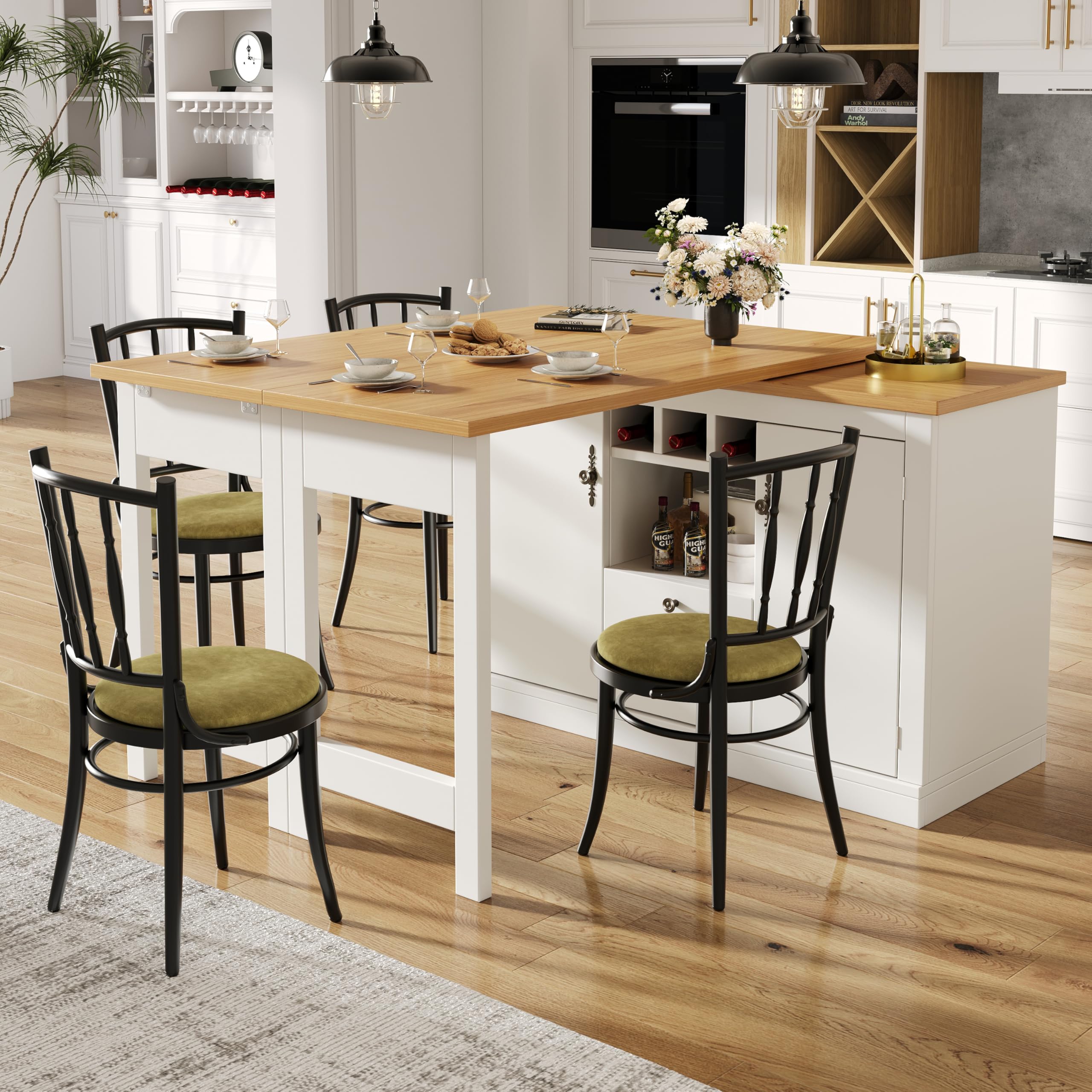 Merax 360° swivelling Dining Bar table Kitchen island, with White storage cabinet with Wine Racks, 2 Drawers, 2 Doors and Folding extending table-40-80X120CM, for Kitchen, Dining Room