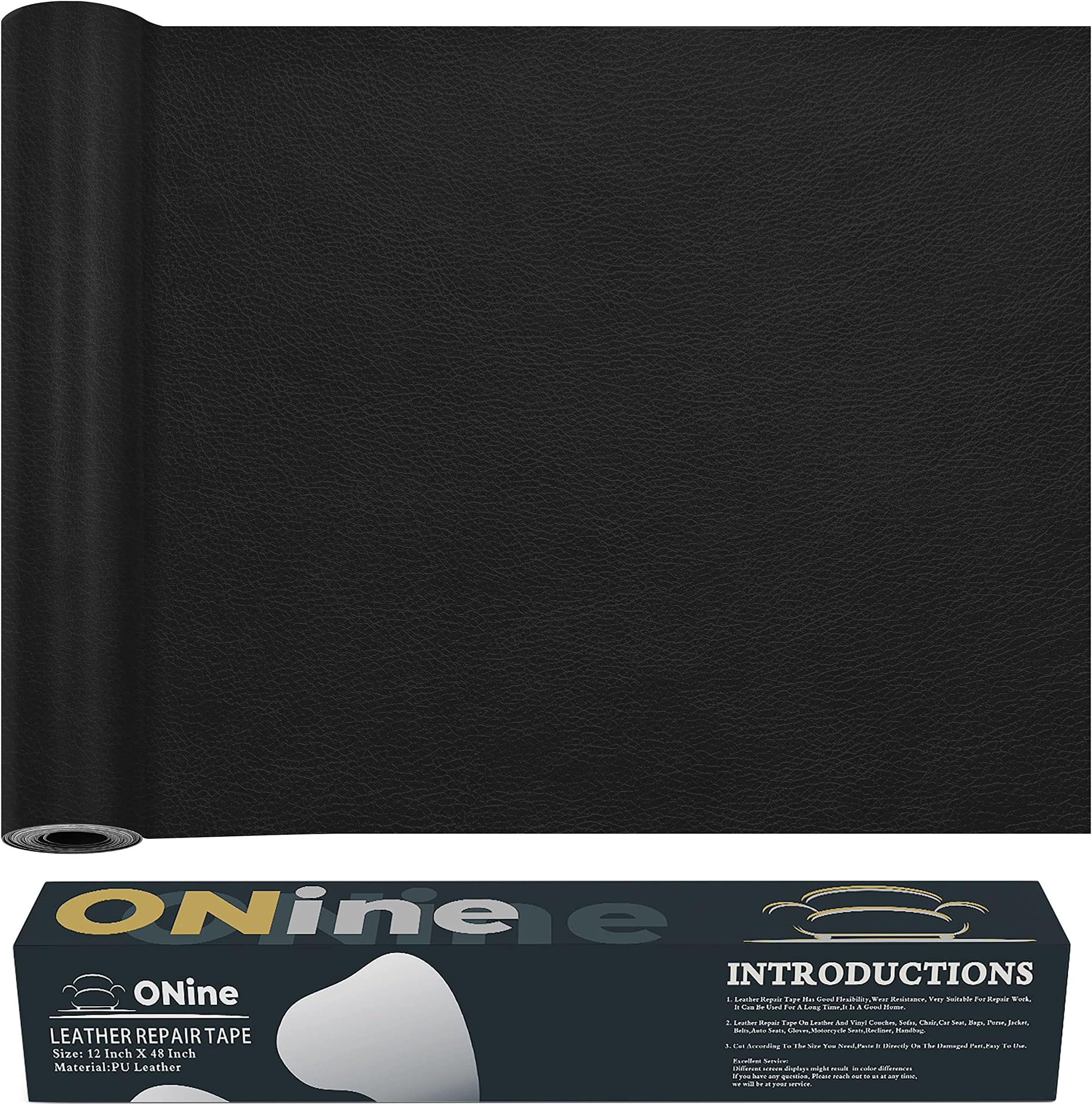 ONine Leather Repair Patch，Leather Repair Tape, 12 x 48 inches Leather Repair Patch for Furniture,Vinyl Repair Kit，Leather Couch Patch，for Sofas, Furniture, Car Seats, Office Chairs(Black)