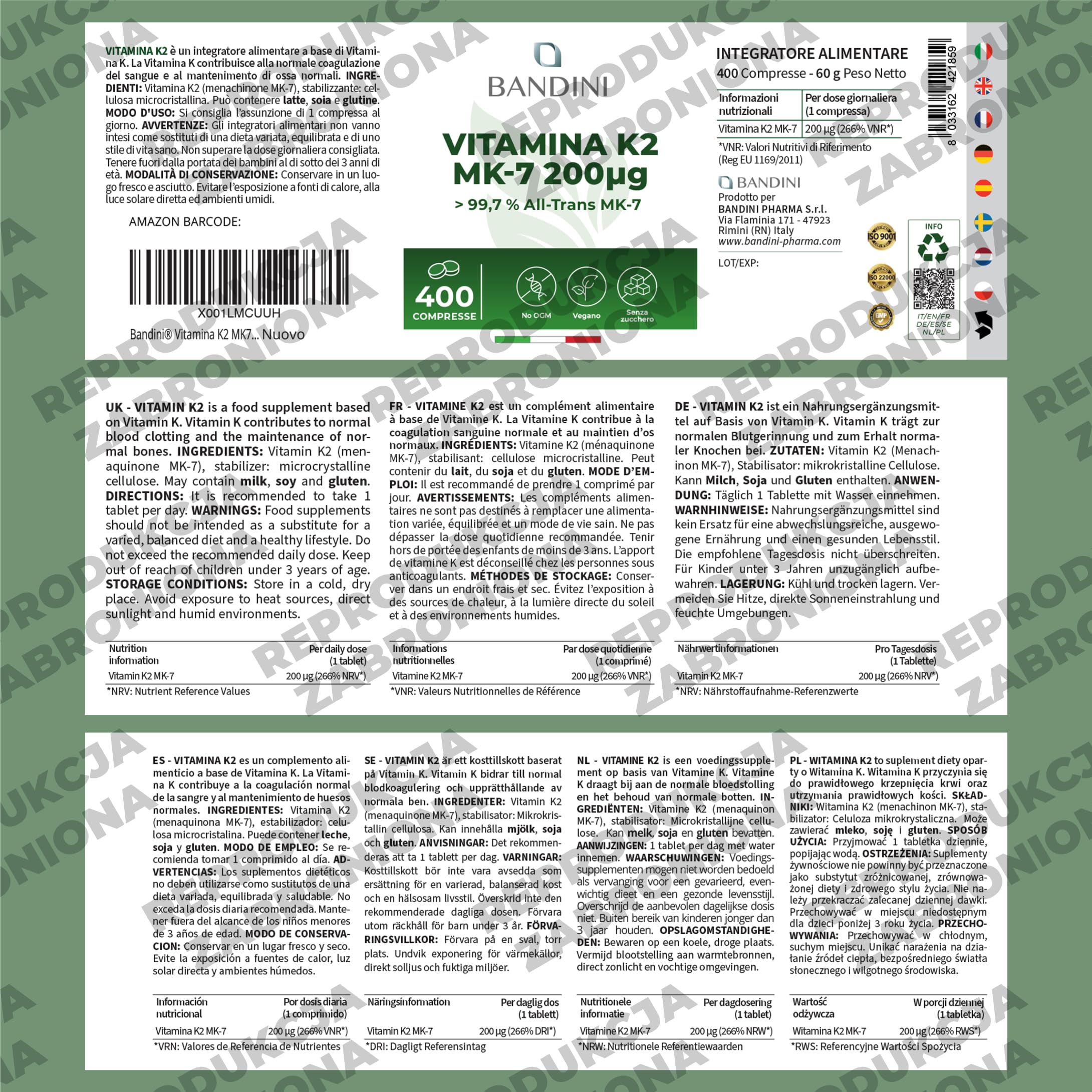 Bandini® Witamina K2 MK7 200 µg, 400 tabletek, Wysoka dawka menachinonu, Witamina K 2 MK-7 200 mcg, Pomaga w utrzymaniu prawidłowego stanu kości, 100% wegańska, wolna od GMO, Włoska jakość witaminy K