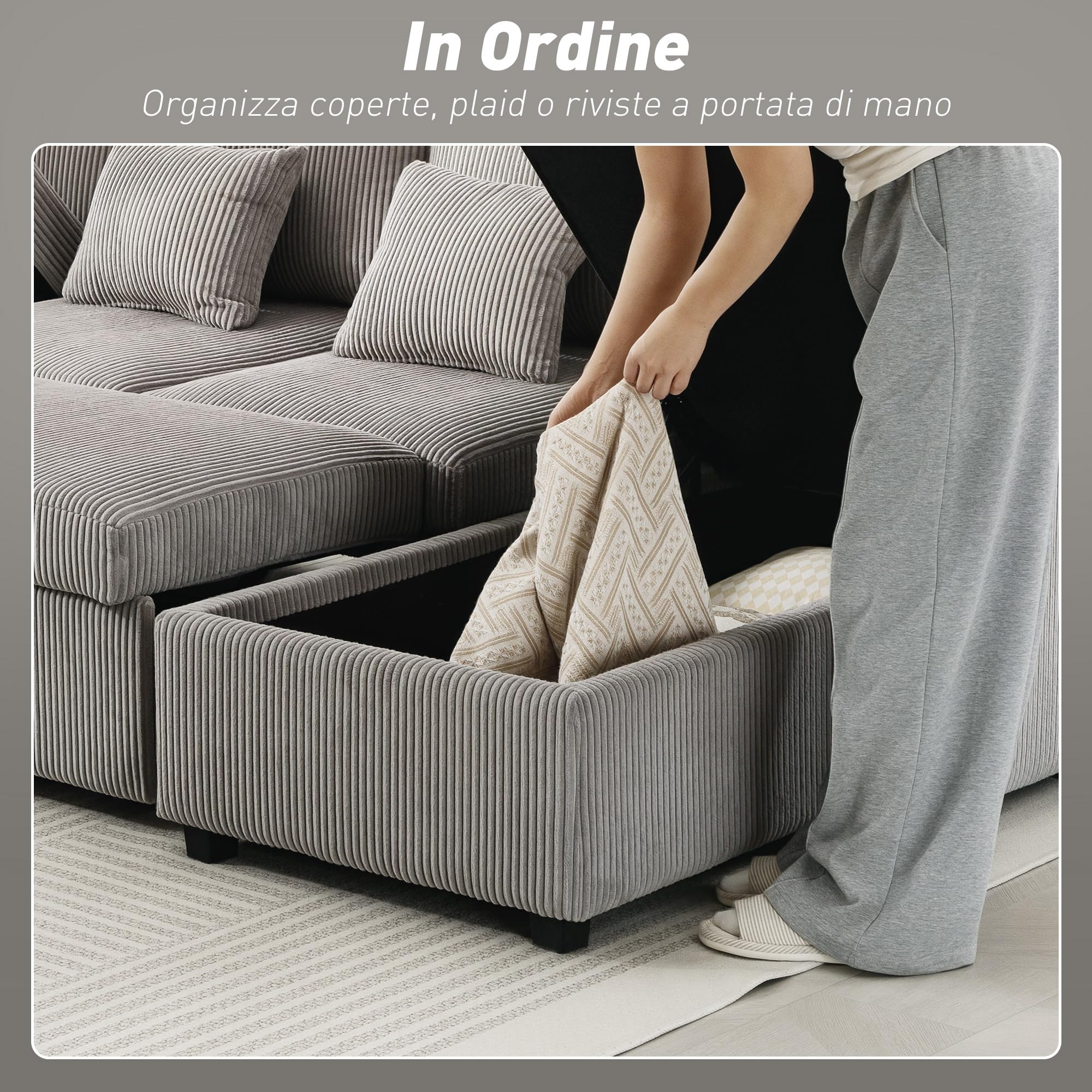 HOMCOM Divano Letto con Letto Estraibile Imbottito, Divano Angolare Convertibile 4 Posti a Forma di U con 2 Chaise Longue, Vani Contenitore e 2 Cuscini, in Velluto a Coste, 282x140x86 cm, Grigio