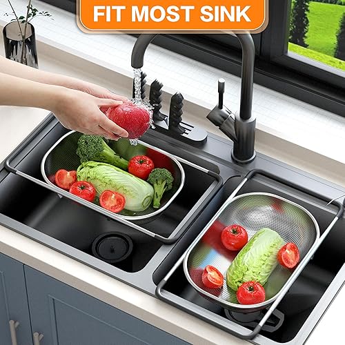 Miniatura 5 de Colador sobre el fregadero  Coladores y coladores  Cesta coladora de fregadero  Colador de malla fina expandible con agarre de goma para verduras,