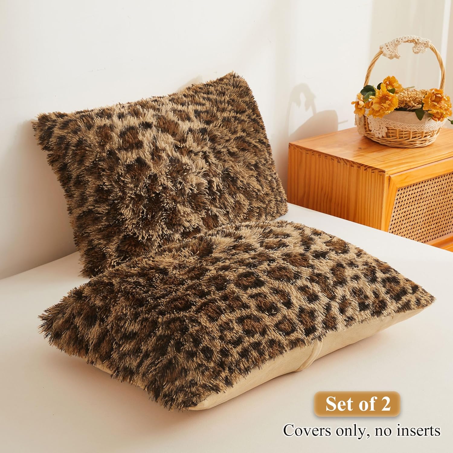 XeGe Cheetah Print Faux Fur Fluffy Pillowcases, Plush Shaggy Soft Long Pillow Covers, Fuzzy Decorative Leopard Print Pillow Cases, Furry Pillow Shams for Bed Couch Zipper, Set of 2(King, Brown) - Image 2