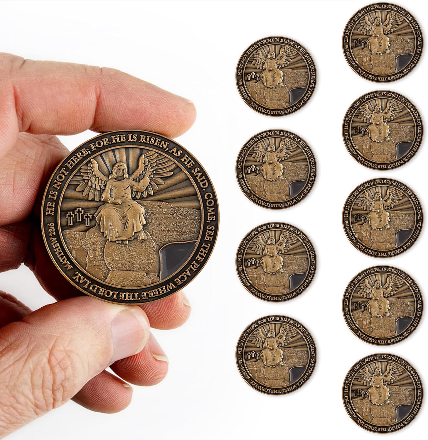 Resurrection Coin, He is Risen, Jesus Son of God Easter Challenge Coin, Christ is Alive and Empty Tomb, Religious Antique Gold-Color Plated Prayer Token Gift