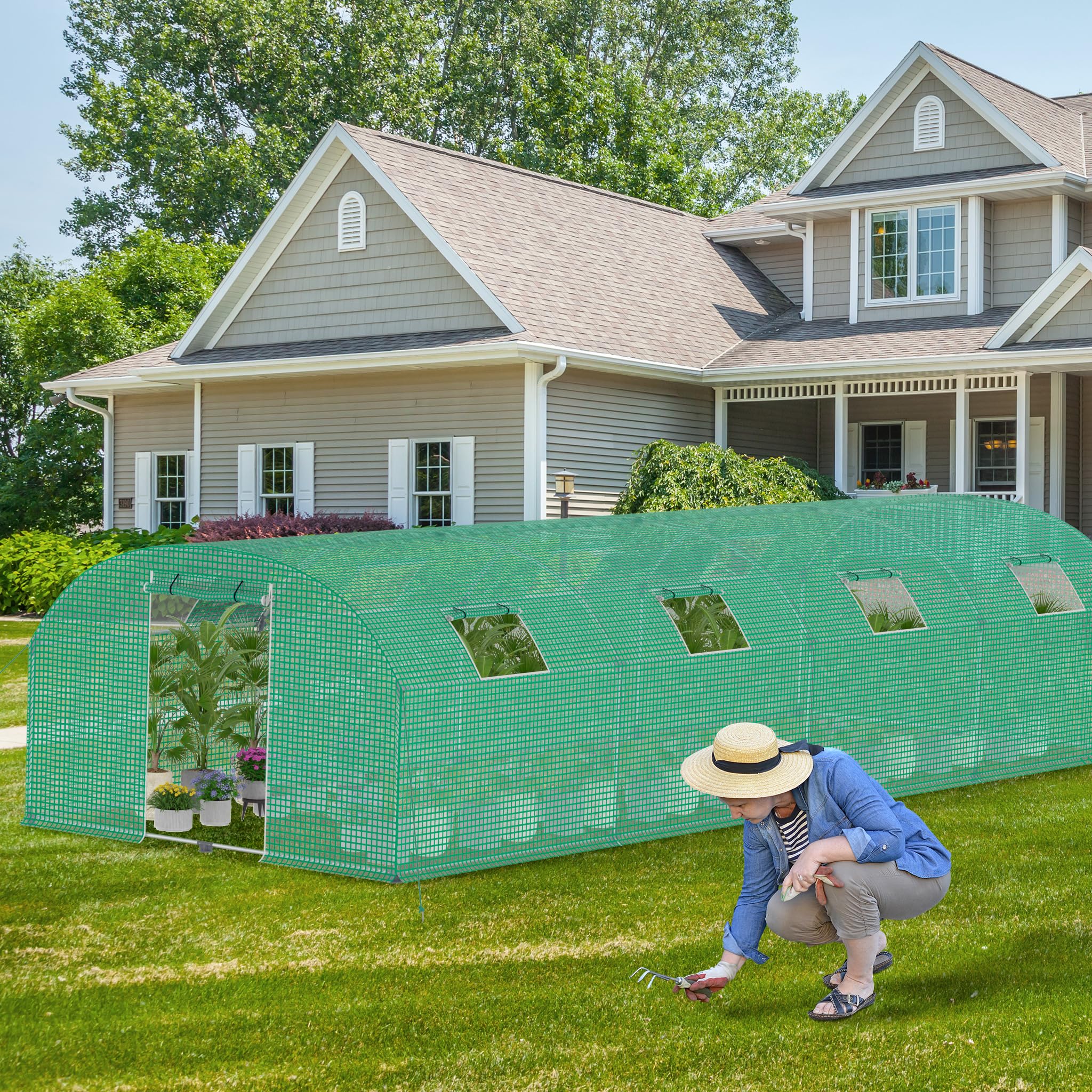Aufun – Invernadero de polietileno estable 3x8x2 m con 8 ventanas con mosquitero y puerta | Túnel de jardín con estructura de acero galvanizado | Invernadero para tomates, tienda de polietileno