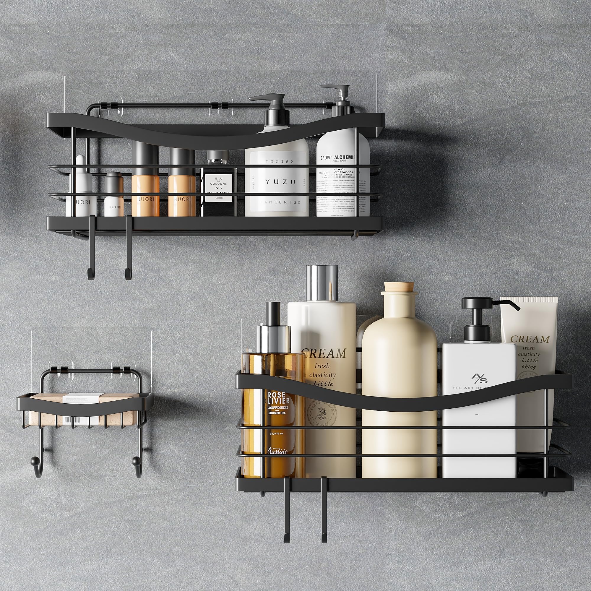 ODesign Adhesive Shower Caddy Basket Shelf with 4 Hooks for Shampoo Razor Soap Dish Holder Kitchen Bathroom Organizer No Drilling Wall Mounted Stainless Steel Rustproof 3 Pack - Black