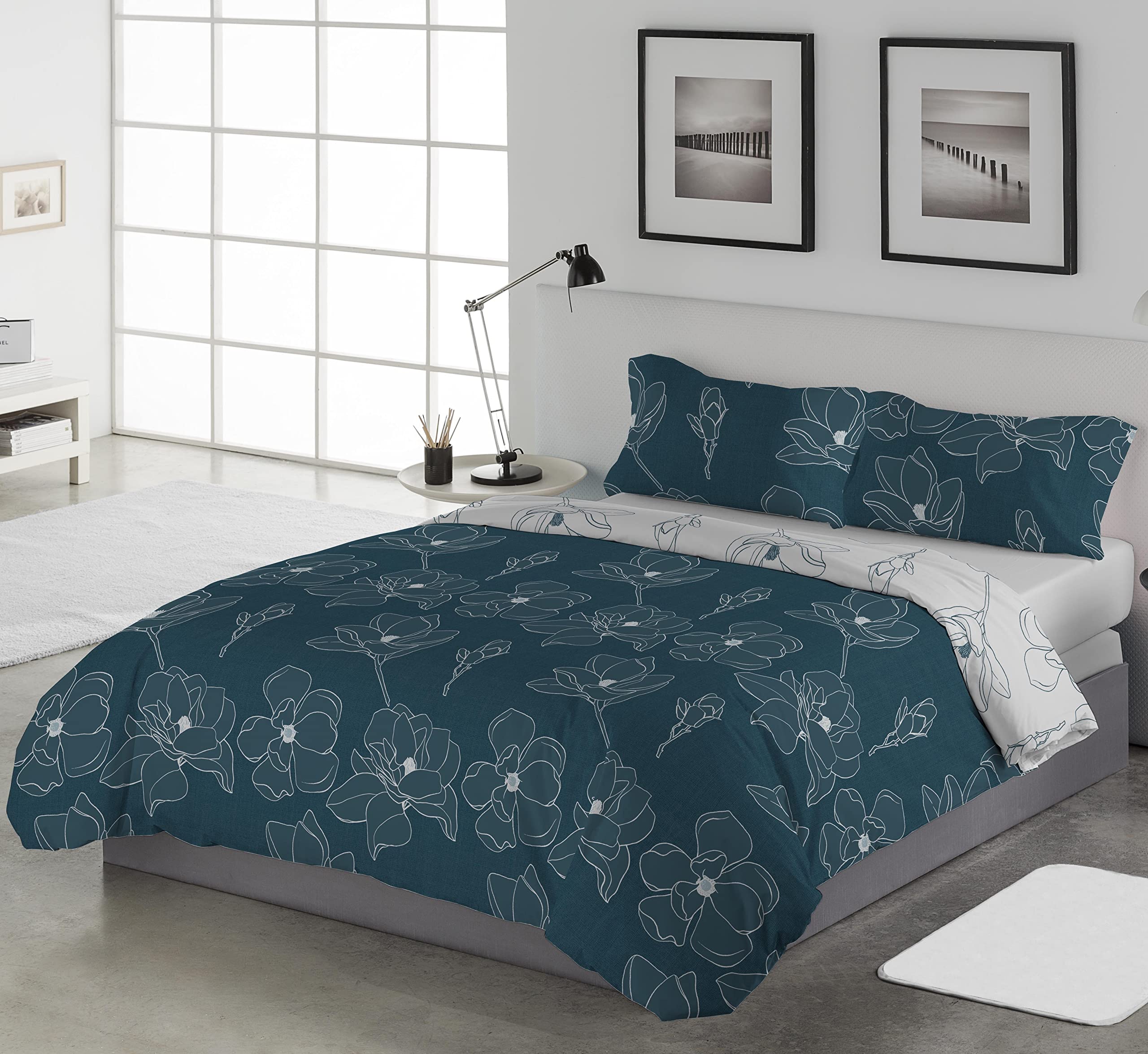 LEBENGOOD Funda Nórdica Cama 150, con 2 Fundas Almohada, Funda de Edredón 150x190/200, Estampada, Reversible, Colcha Sábana,Nordicos Cama 150 Invierno, Funda nordica 240x260 (Leiden Zafiro 150)