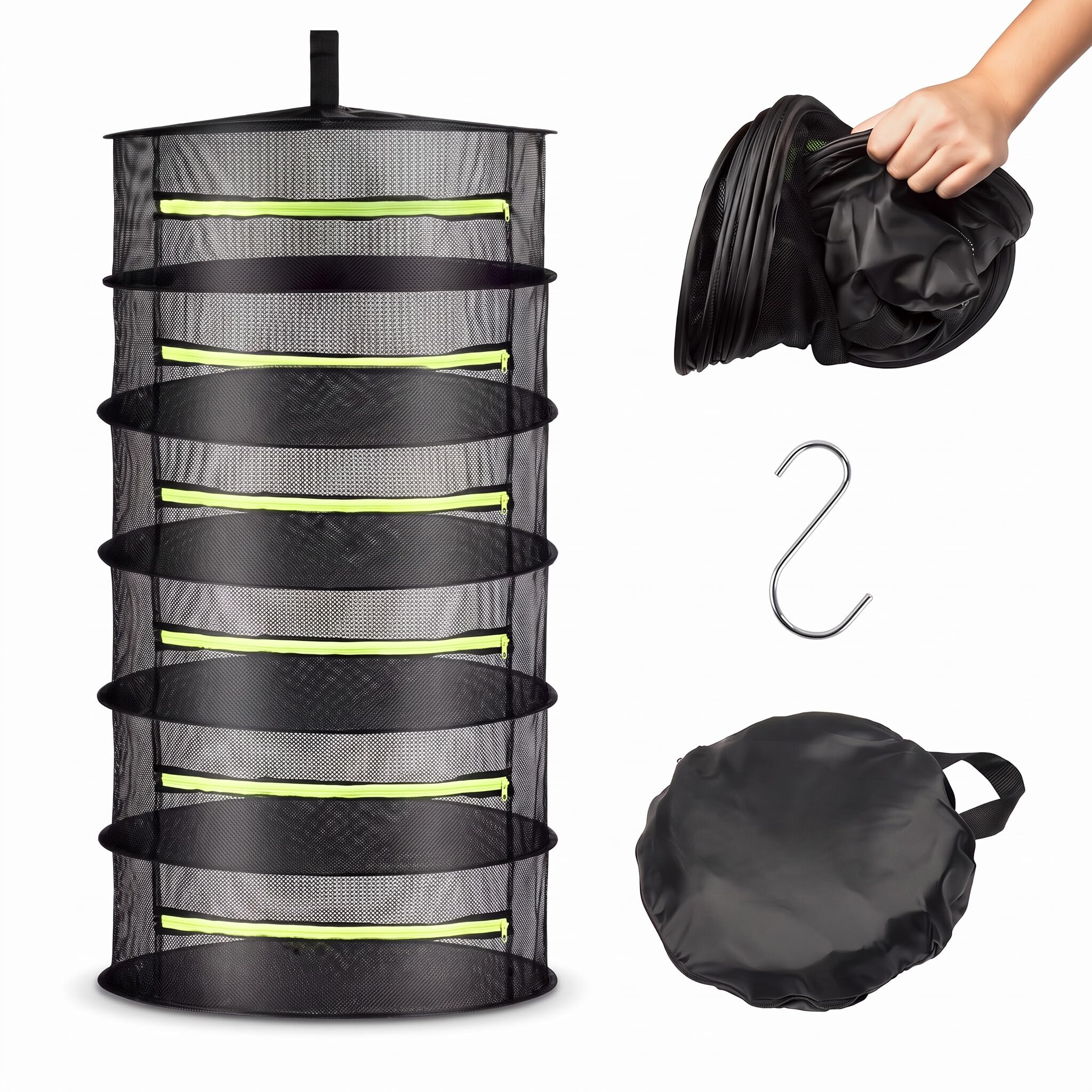 Bewinner Séchoir à Herbes | Filet de Sechage avec Couvercle à Fermeture éclair | Égouttoir Multifonctionnel pour Biberons | Vert Fluorescent, 6 Niveaux