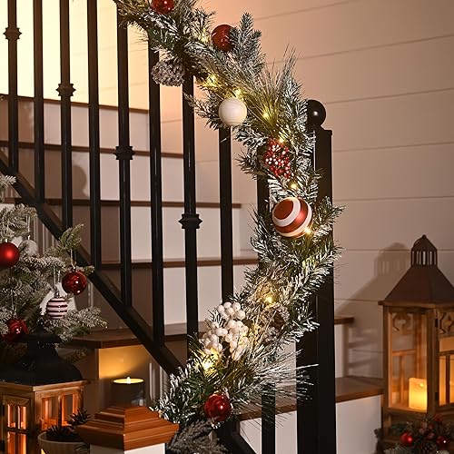 Miniatura 5 de Valery Madelyn Guirnalda de Navidad preiluminada de 6 pies con luces para manto, guirnalda de Navidad iluminada al aire libre con bolas rojas y