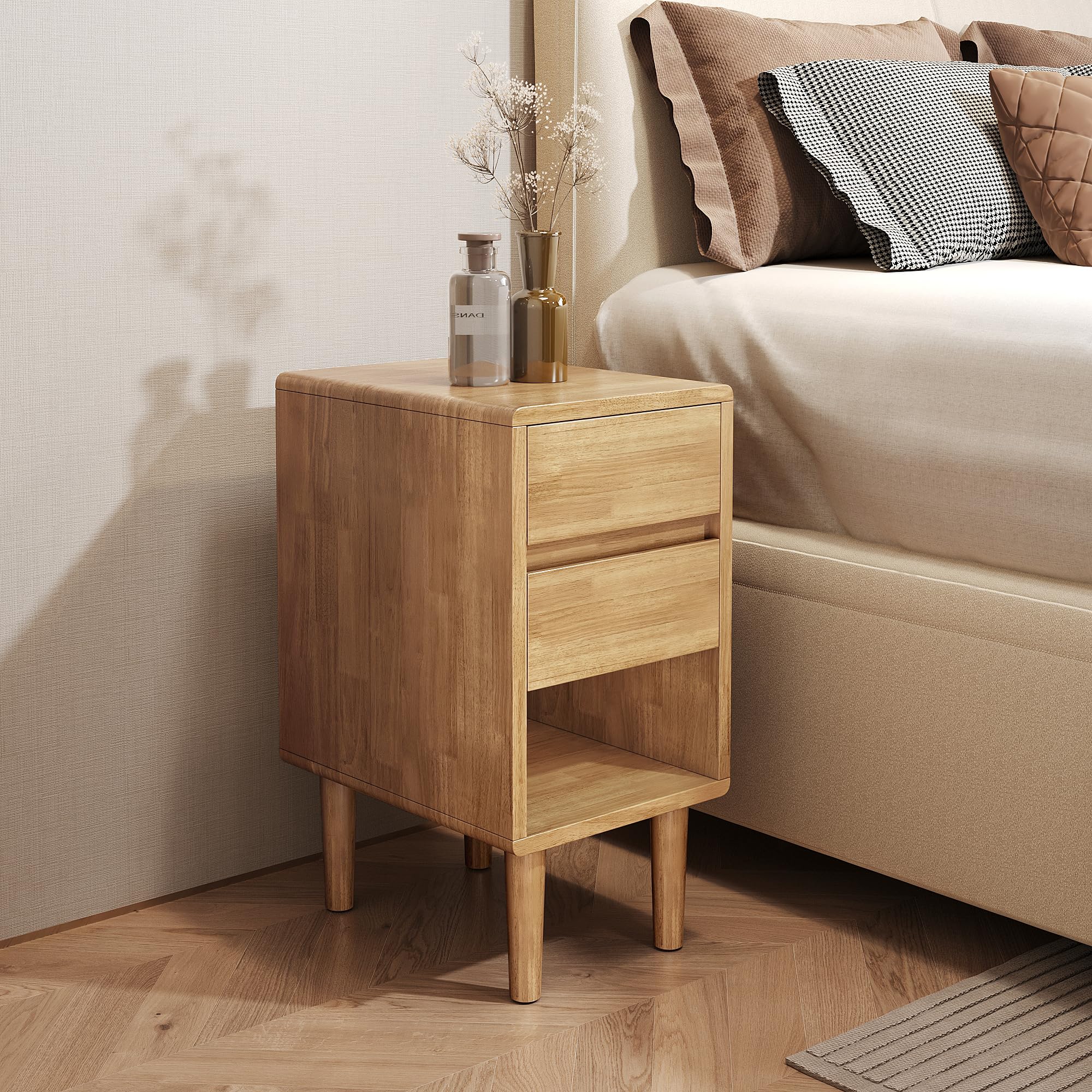 Nightstand 2 Drawers with Open Shelf Narrow Night Stand Solid Wood Bedside Table Mid Century Modern Nightstand Wooden End Table for Bedroom, Study, Office