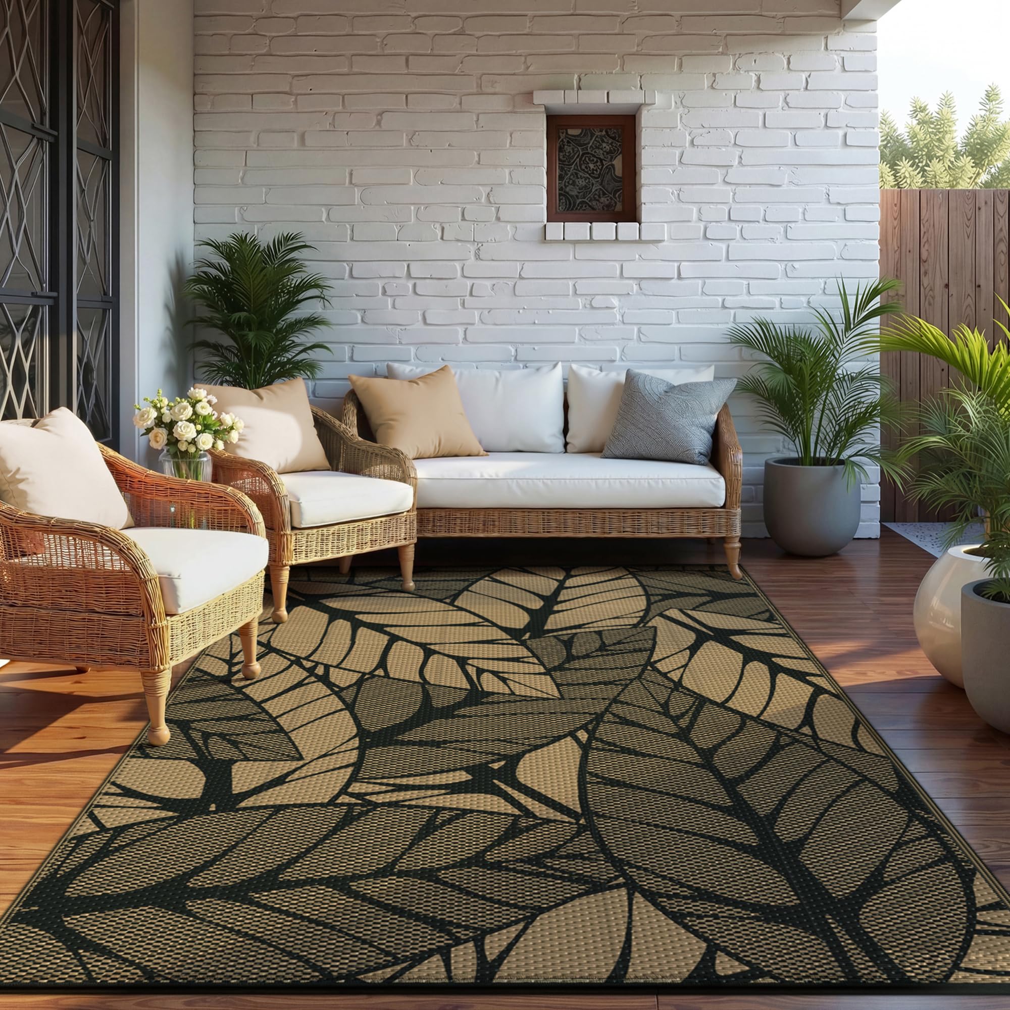 GENIMO Outdoor Teppich Wetterfest Balkon Garten 180x270 cm Pflanzenmuster UV-beständig Wasserabweisend Kunststoff Camping Terrasse Picknick,Schwarz und braun
