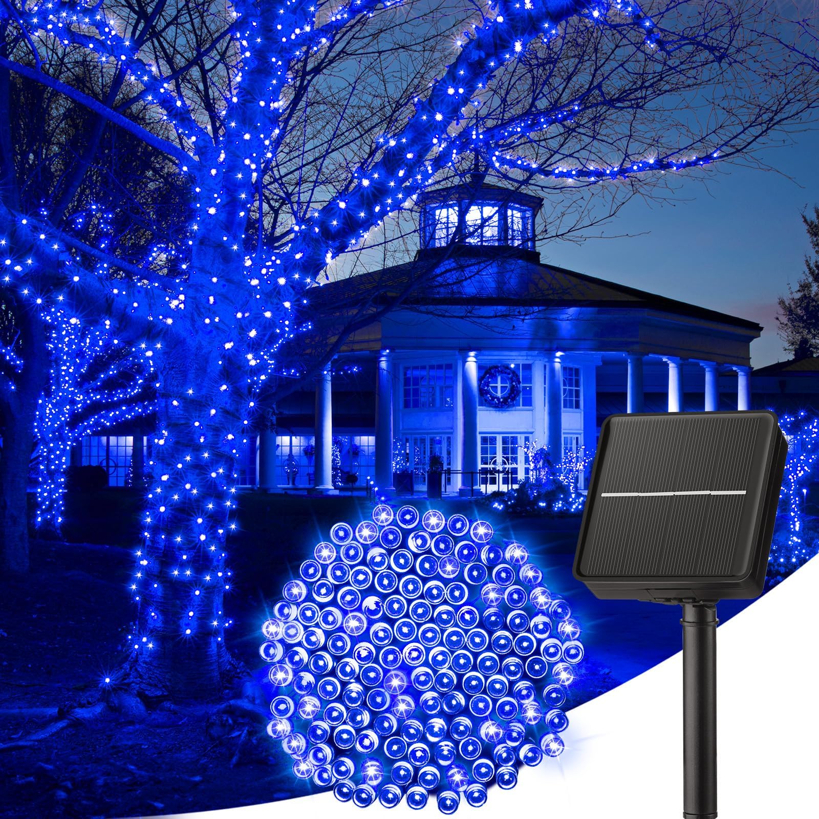 Minetom Solar String Lights Outdoor, 40FT 100 LED String Lights Solar Powered with 8 Lighting Modes, Waterproof Solar Patio Lights, Solar String Lights for Outside Tree Yard Halloween Decoration, Blue