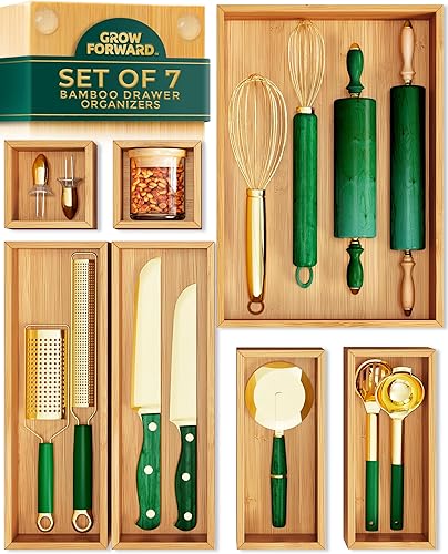 Miniatura 7 de Grow Forward Cajas organizadoras de cajones de bambú, juego de 21 organizadores de cajones de madera para cocina, baño, oficina, escritorio