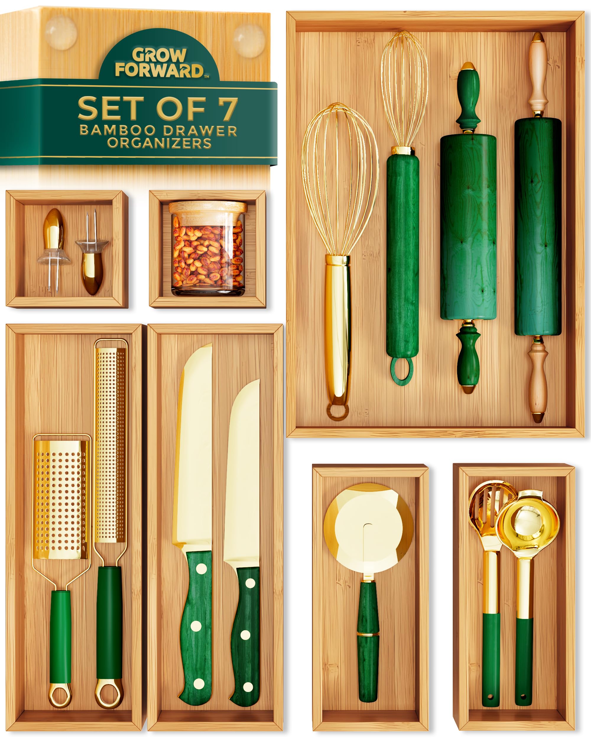 Photo 1 of Grow Forward Bamboo Drawer Organizer Boxes - Set of 7 Wooden Drawer Organizers for Kitchen, Bathroom, Office, Desk, Vanity, Makeup - Non-Slip Junk Drawer Organizer Trays for Storage and Organization