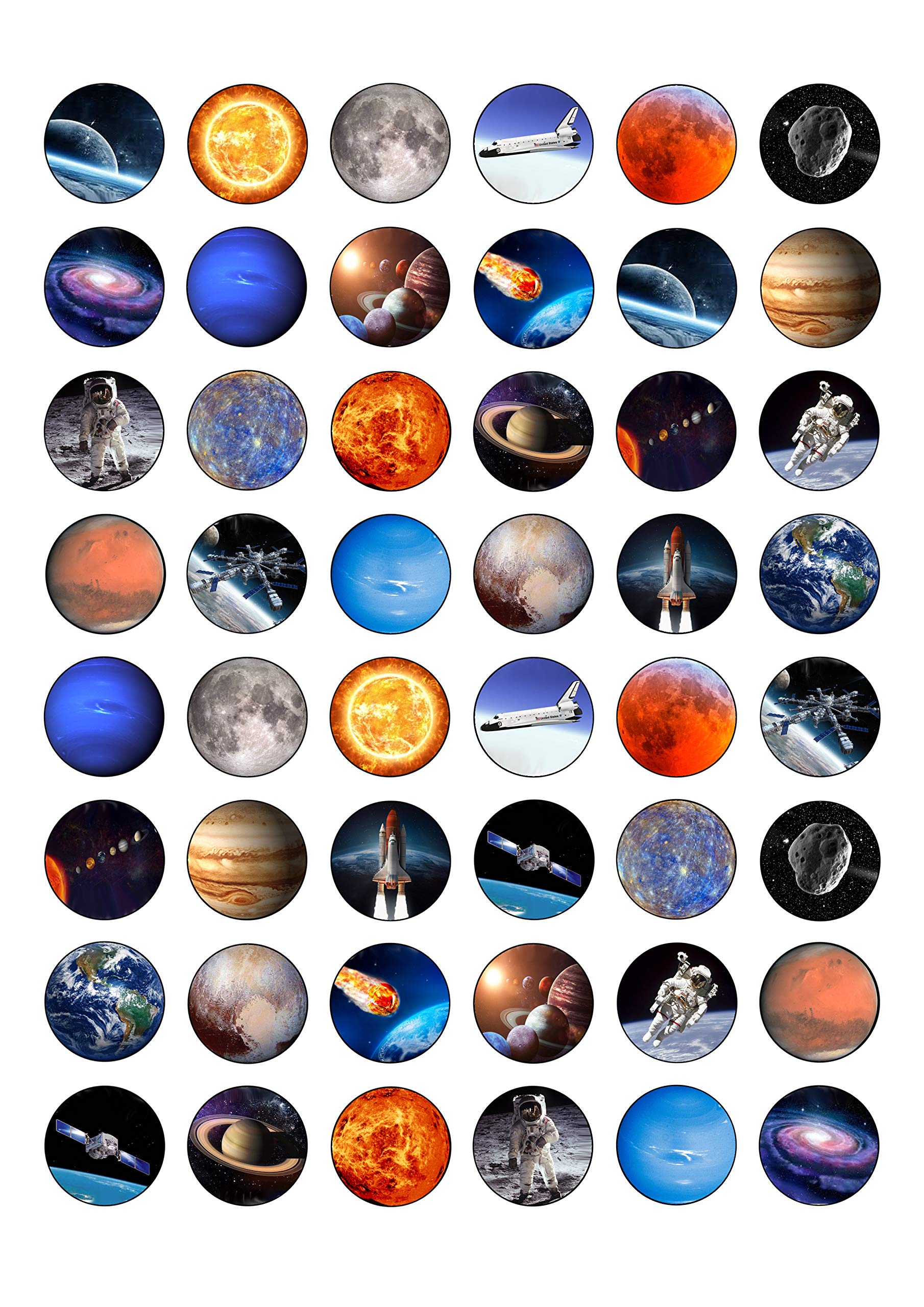 48 Outer Space Planets Themed Round Edible Wafer Paper Cake Toppers Decorations