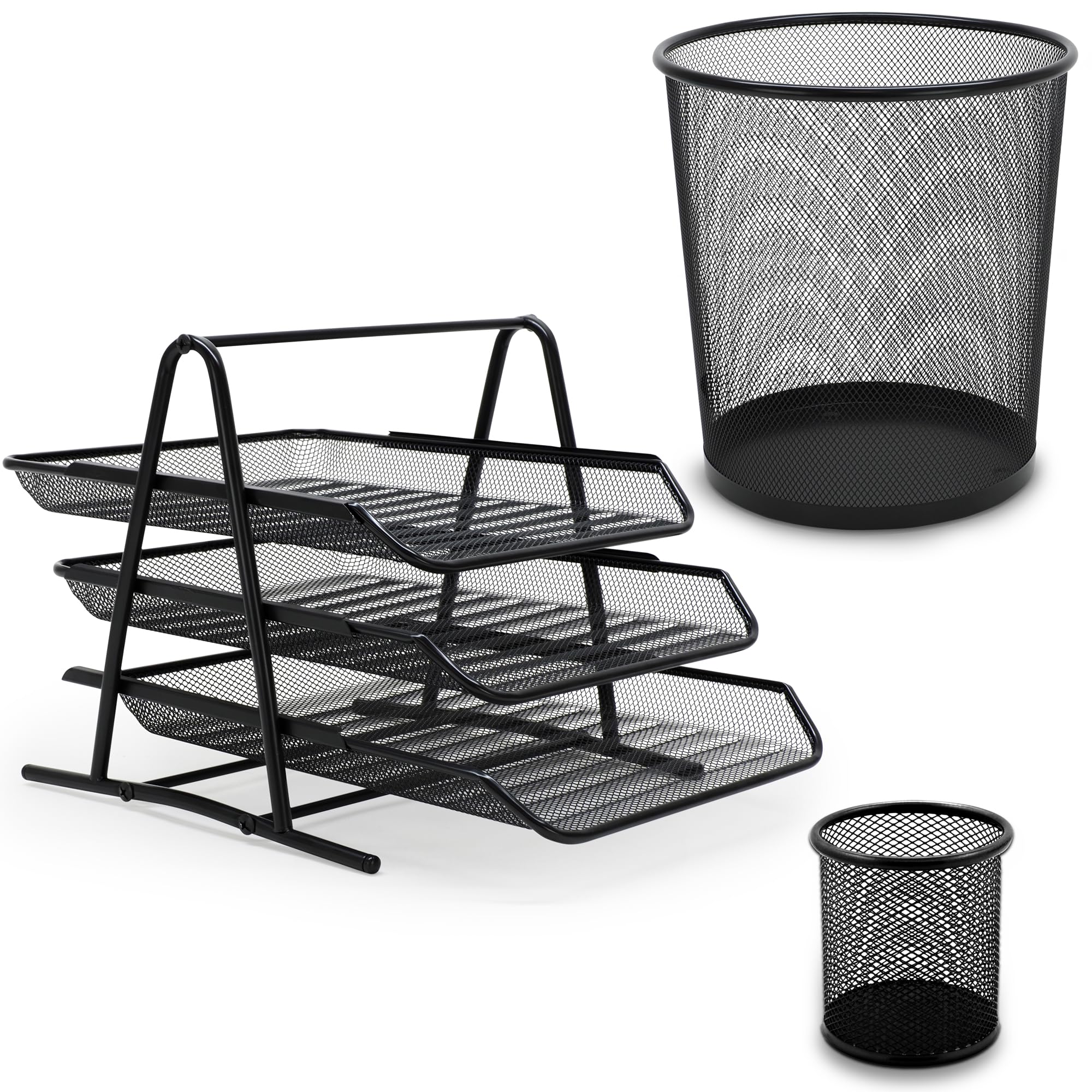 Ensemble accessoires de bureau 3 pièces en métal maille mesh noire