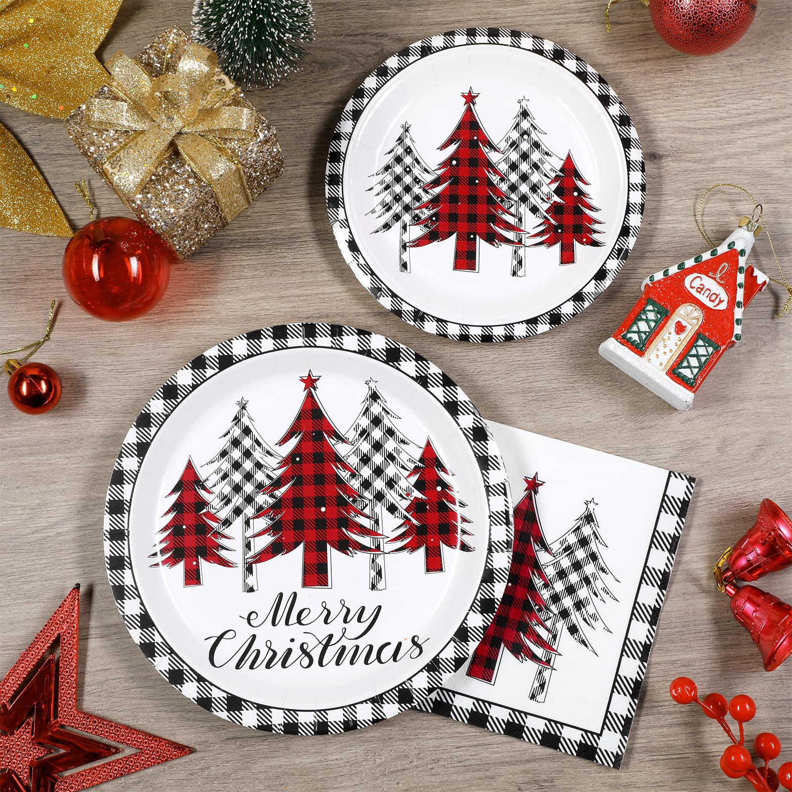 Homlouue Juego de 200 platos y servilletas de papel de Feliz Navidad, platos y servilletas desechables de árbol de Navidad, juego de vajilla desechable de Navidad, decoración de fiesta de Navidad,