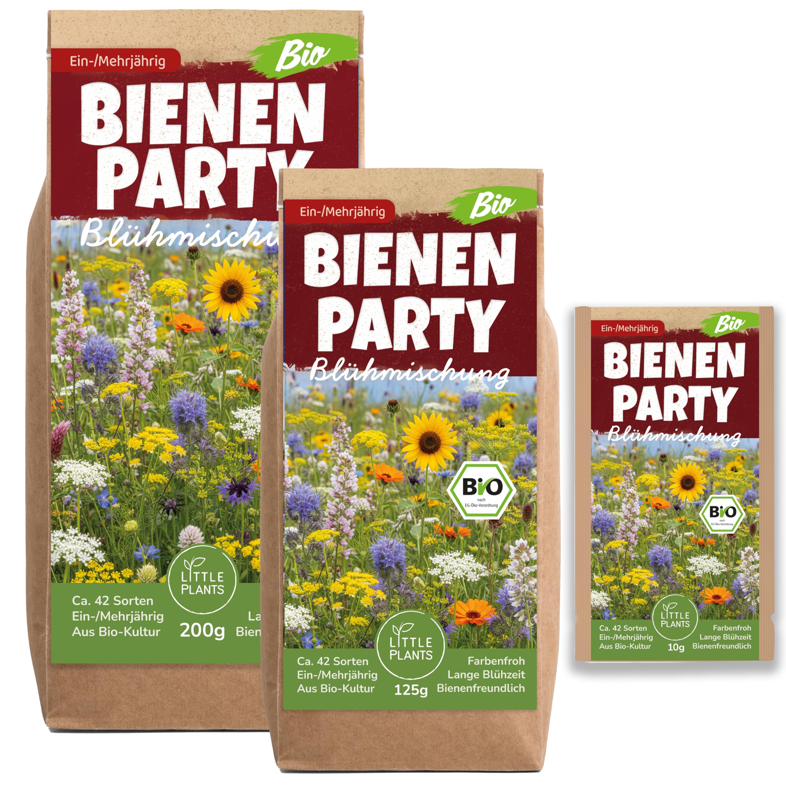 Little Plants Bio Bienenweide Blühmischung Bienenparty 125g Bio Samen Bienenwiese - Blumenwiese Samen mehrjährig winterhart - Enthält ca. 42 Sorten Wildblumensamen
