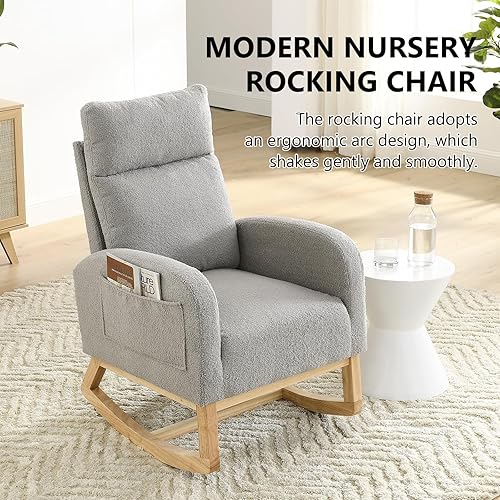 Miniatura 3 de NIOIIKIT Silla mecedora moderna para guardería, silla deslizante tapizada de peluche con respaldo alto y bolsillo lateral, cómodo sillón decorativo