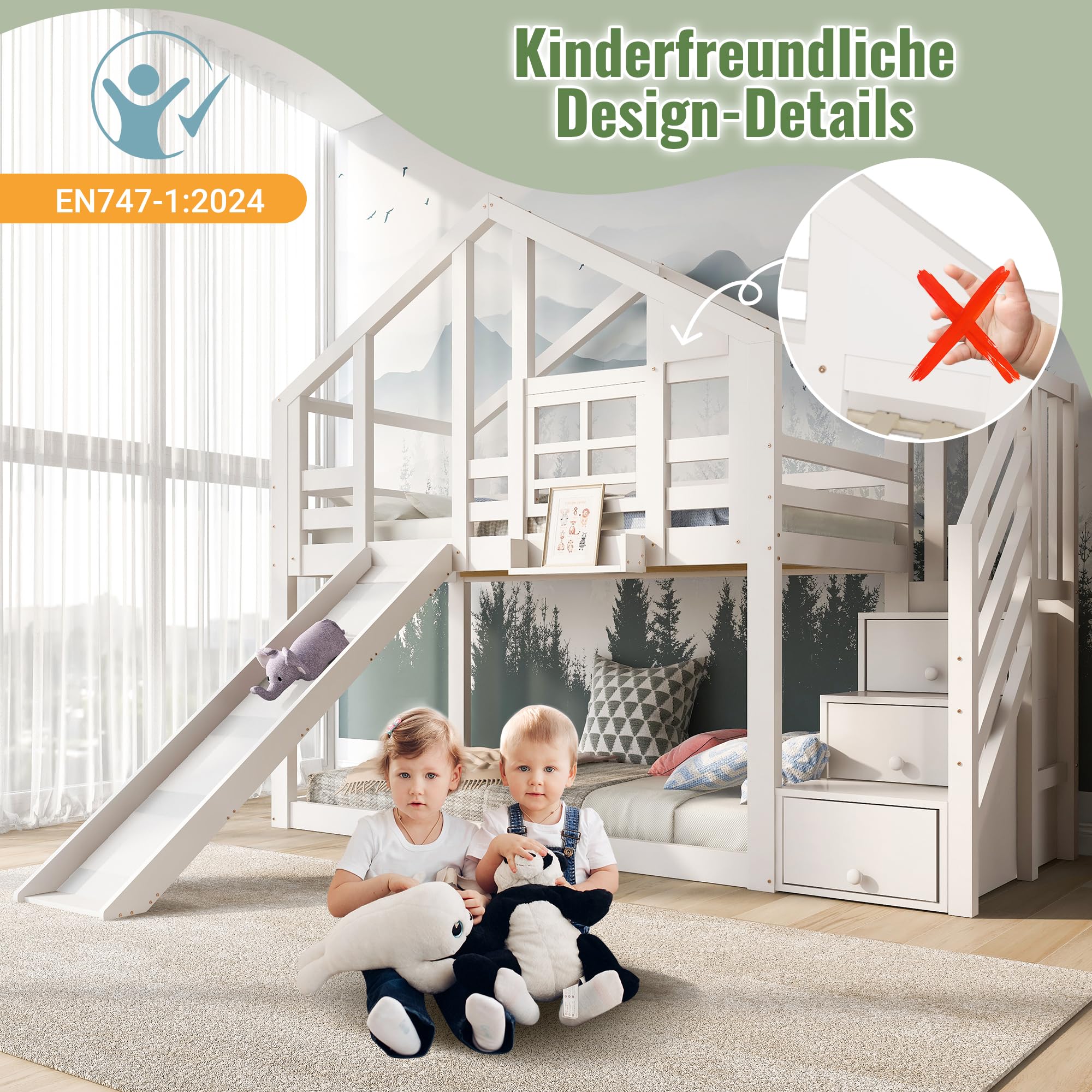 Su & Chan Legence Kinderbett 90 x 200cm mit Stauraum Treppe, Hochbett mit Rutsche und Rausfallschutz, Etagenbett Baumhaus mit Holz Lattenrost, Ohne Matratze, Weiß