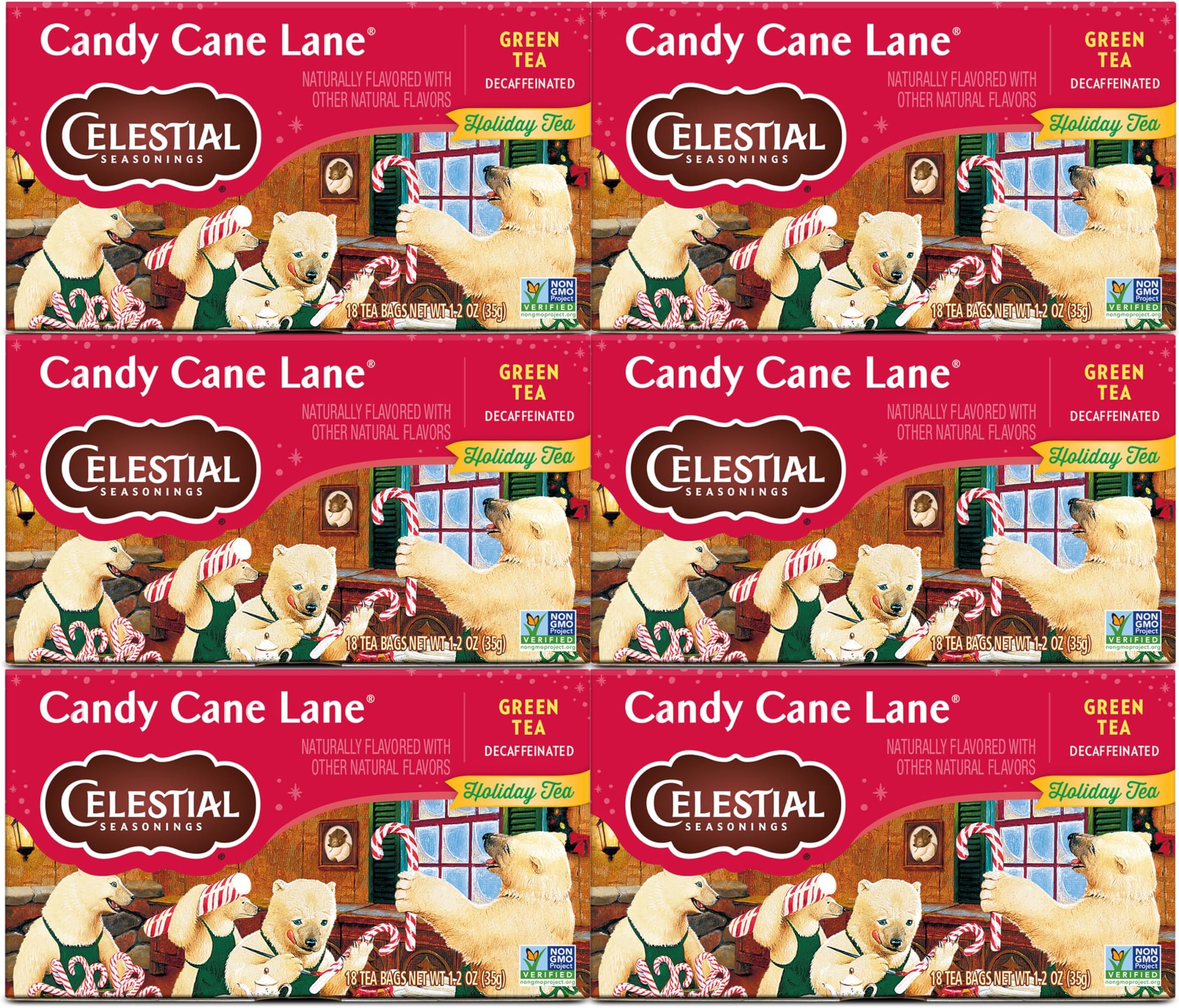 Celestial Seasonings Green Tea, Decaffeinated Candy Cane Lane, 18 Count (Pack of 6)