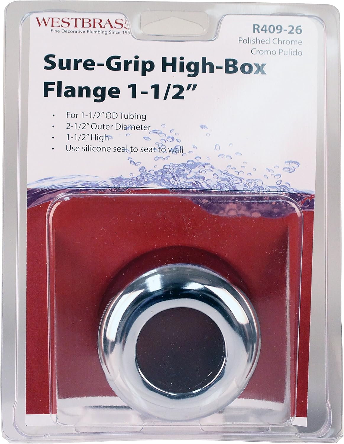 Westbrass R409-26 1-1/2" OD Opening x 3" OD Exterior Diameter High Box Patten Sure Grip Flange, Polished Chrome