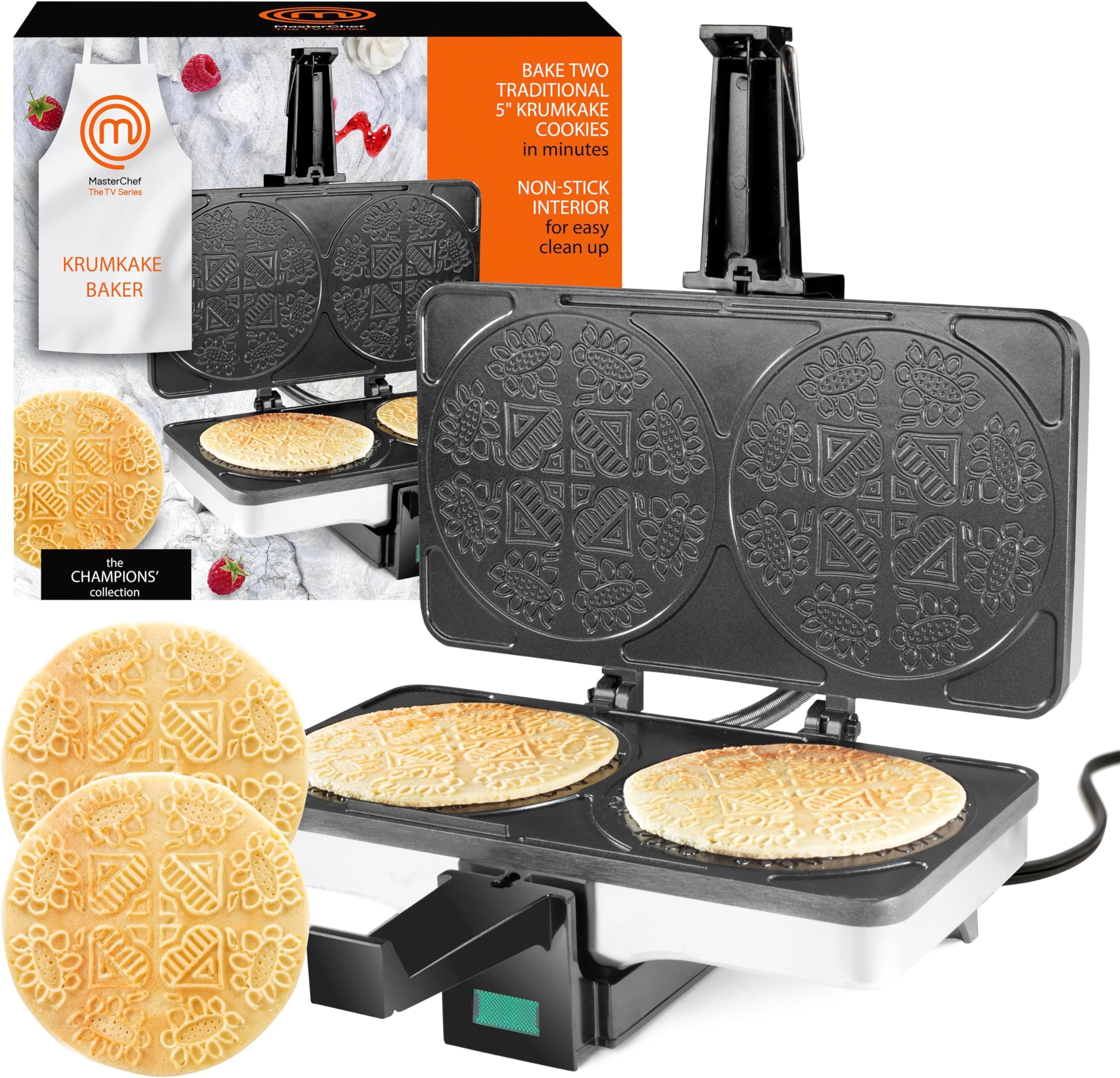 SCS Direct MasterChef Krumkake Baker-Make 2 Homemade Pizzelle Like Cookies, Great for Cannoli Filling & Waffle Cones, Fun Nonstick Electric Iron Press Kitchen Appliance-Home Made Treats